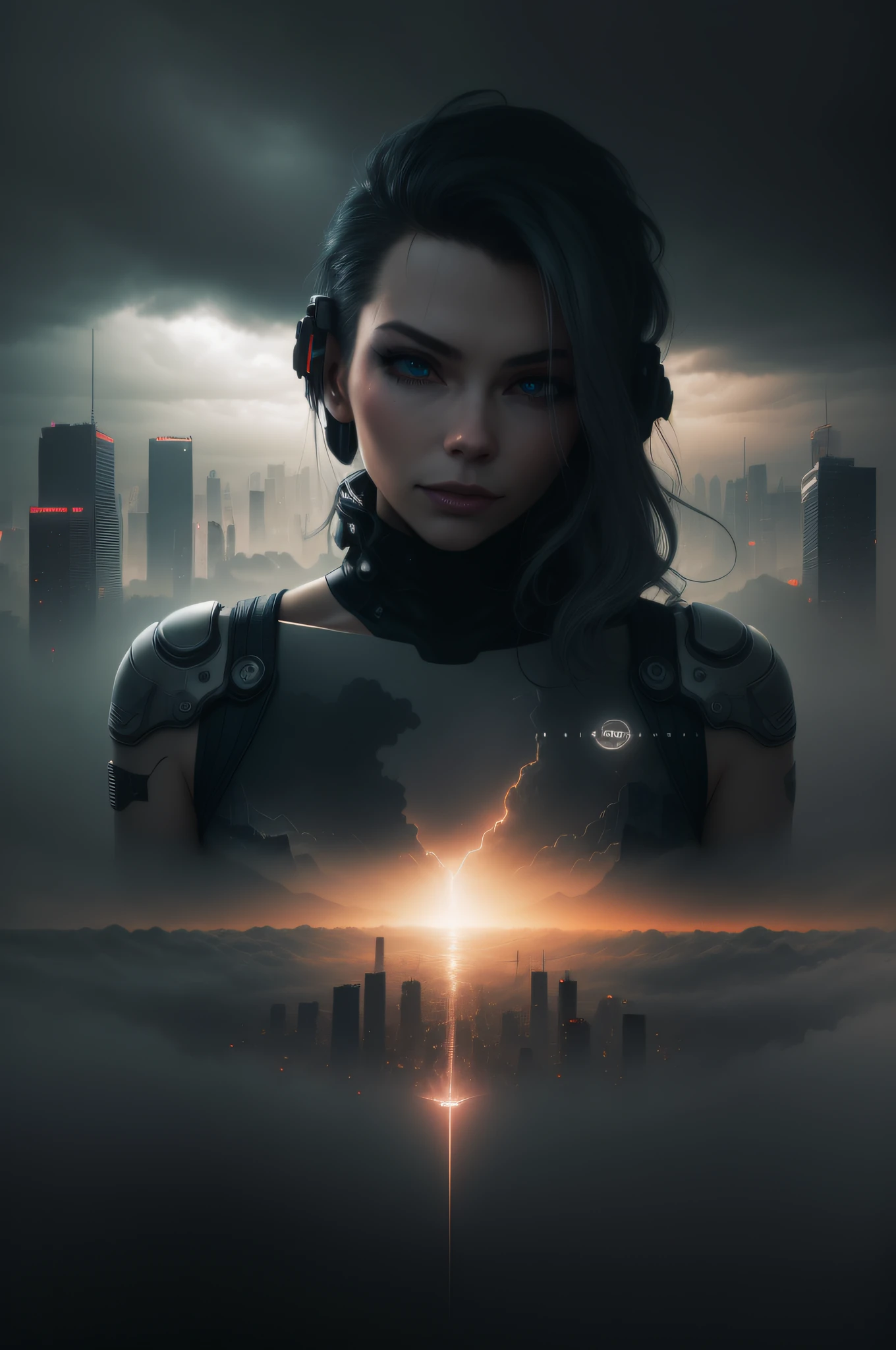 cyberpunk [foggy cityscape in the distance : very pretty girl, city:0.33] immersed in a giant flow of wind, living in a thunder cloud, behind the cloud, (double exposure:1.3), photo by Brandon Woelfelmist, surreal dream, gray atmosphere, rainy day, dynamic, lut, hdr