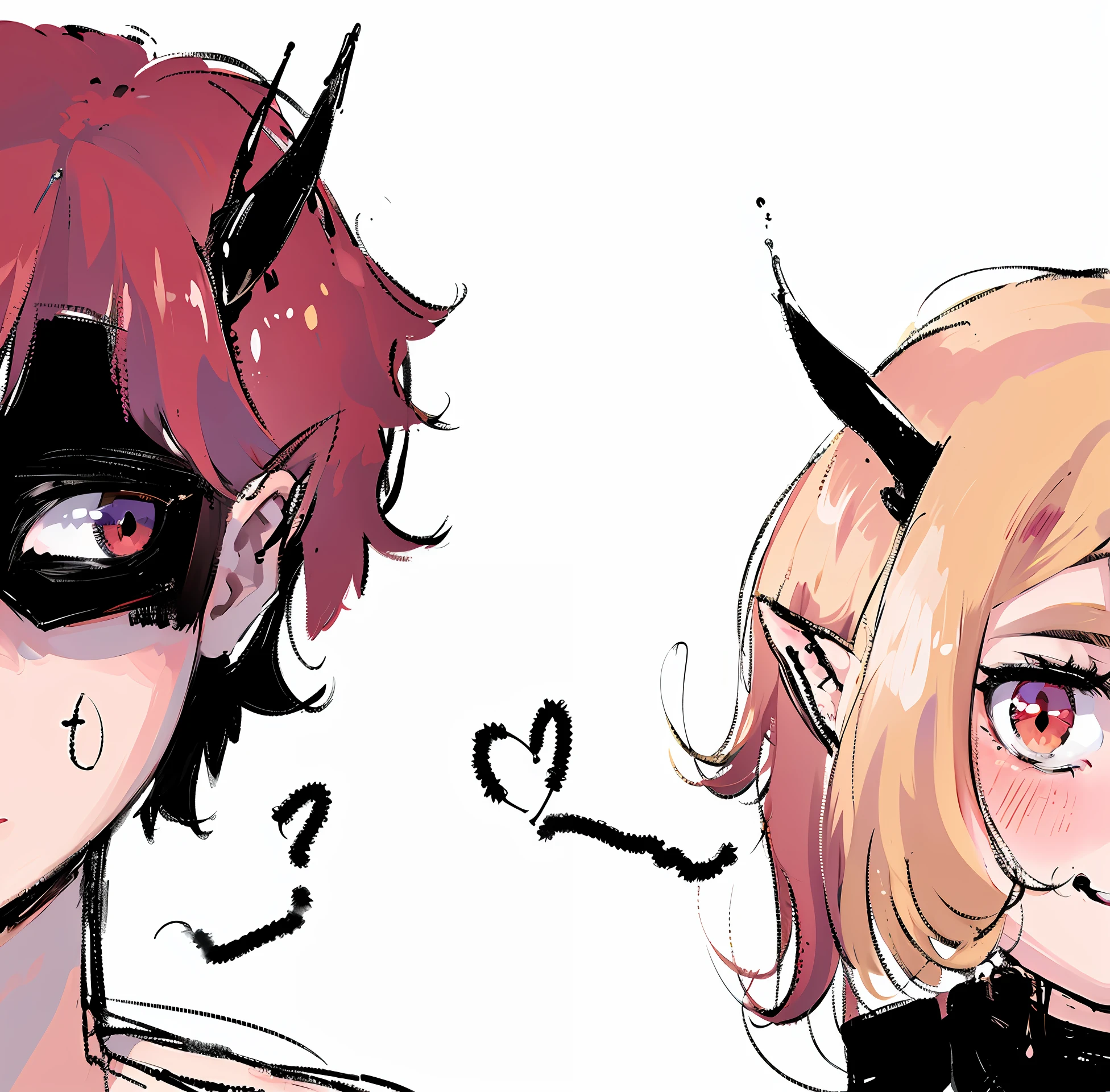 anime couple of a girl and a guy with horns and horns looking each other, cute horns, by Puru, by Shingei, with horns, oni horns, hidari and vlop, zerochan, devious evil expression, devil horns, smirk, blush, cute girl, handsome boy, simple background, high details, high resolution, masterpiece, elf ears, messy hair, red hair, salmon hair, snake eyes,