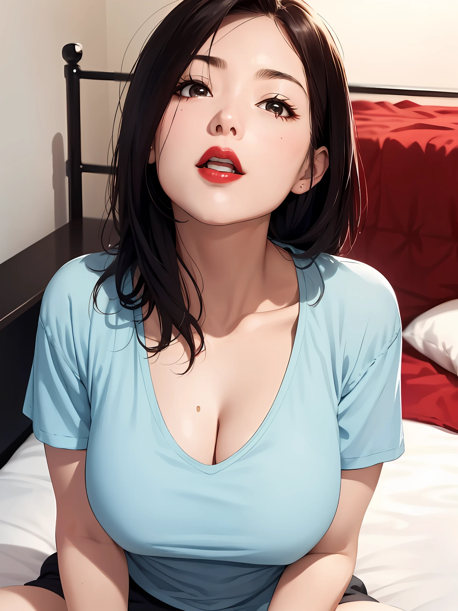 realisticlying、Two 45-year-old girls、T-shirt wearing,Face enhancement,Chest super large zoom,Cleavage emphasis,Looking up from the bottom,Blushing,Red lips,A sexy,Bed sit,Open your mouth wide、Put your arms around the back of your head、Wearing underwear