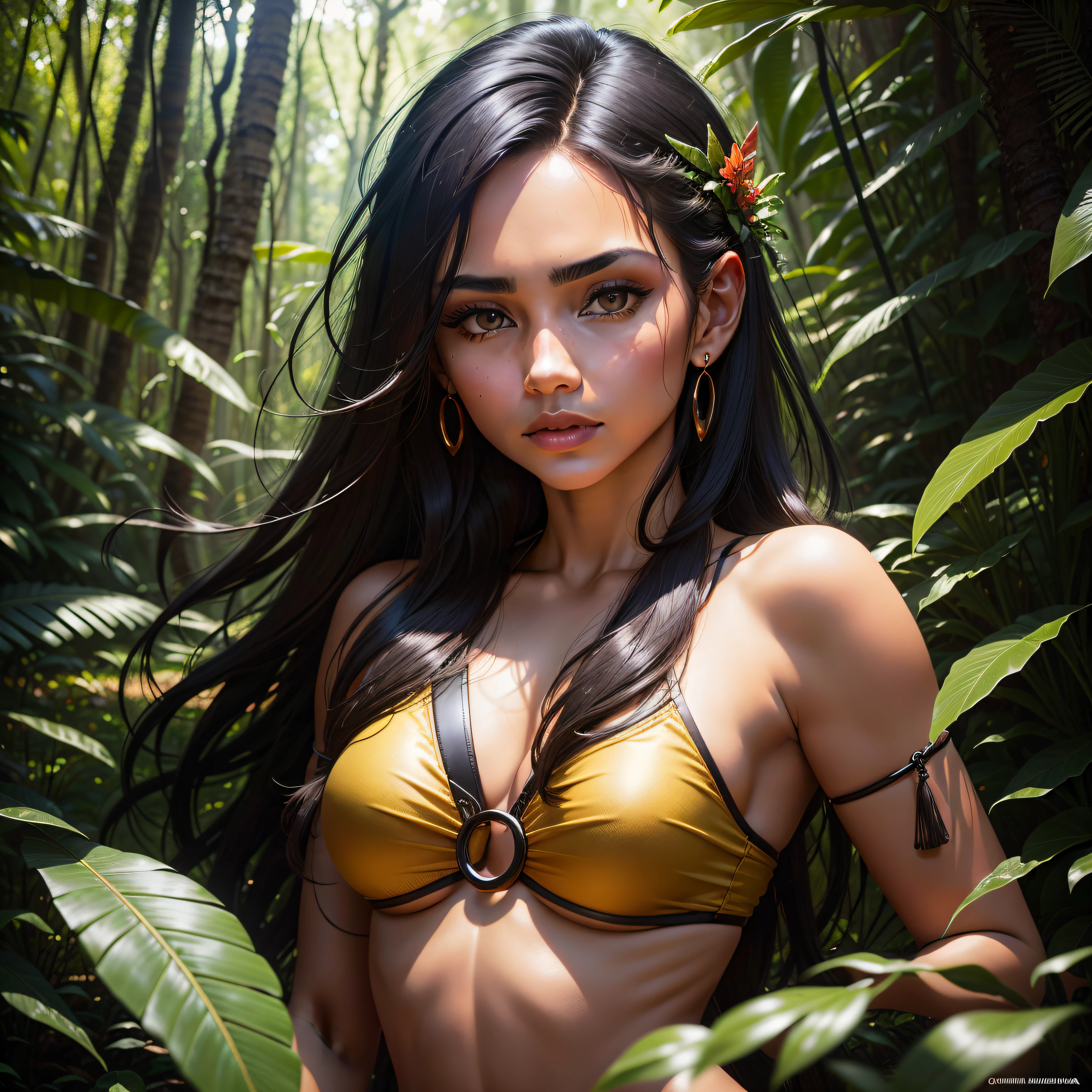Linda morena, Enigmatic gorgeous face, guerra amazonas, ultrarrealista, cabelos ruivos, centralizada, solo, forest with rivers and vegetation Canon 8kcamera