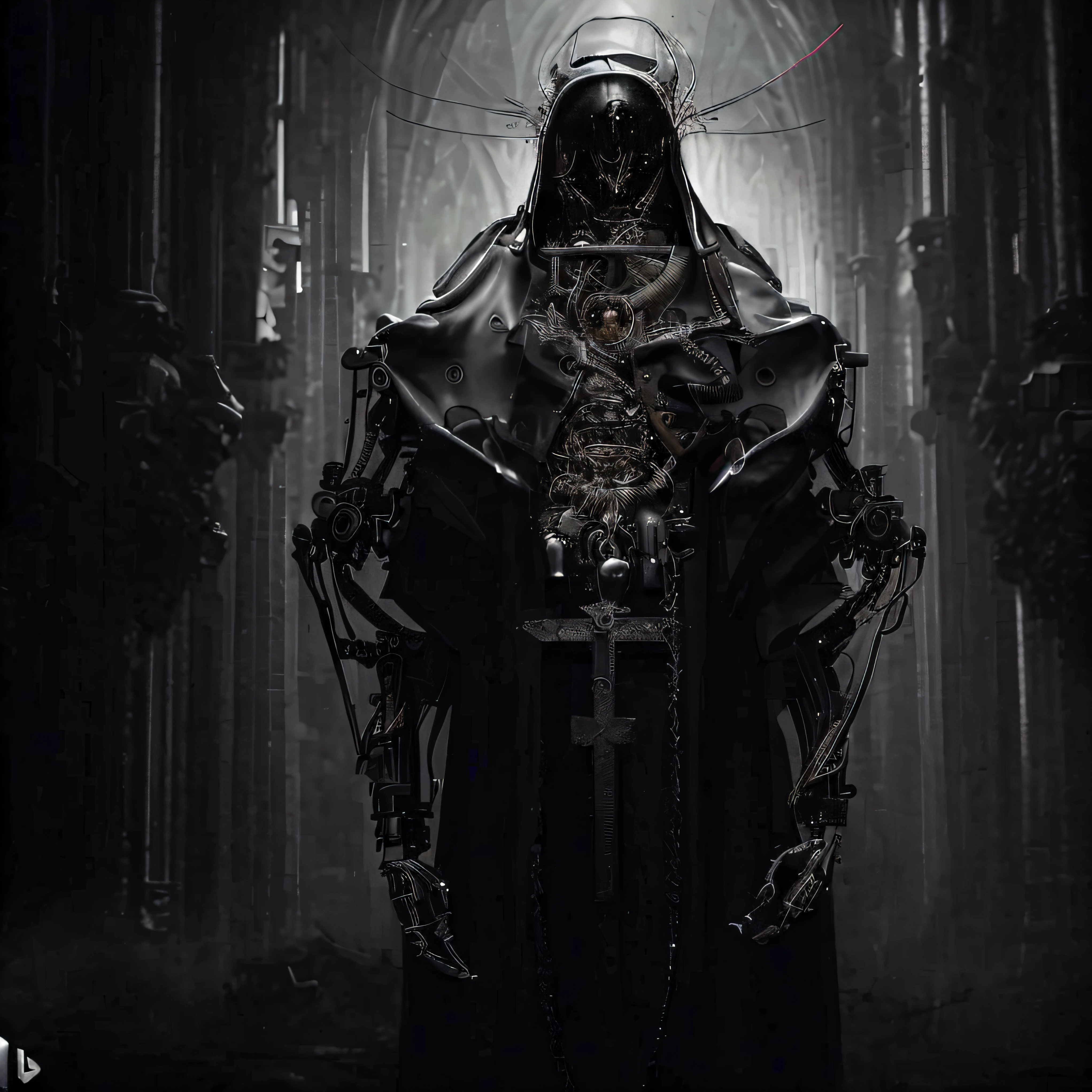 A closeup of a macabre biomechanical robot in a rustic old cassock with a crucifix hanging inside a dark Gothic cathedral, arte conceitual escura fotorrealista, Cyberpunk ortodoxo, Premiado na CGSetaltion, Sacerdote das Trevas, Catedral Cyberpunk, Arte negra barroca, Neo-Gothic concept, gothic - cyberpunk, vestido escuro, Destaque no ArtStation HD, ornamental gothic - cyberpunk, dark cinematic concept art, arte conceitual de fantasia sombria, gothic knight