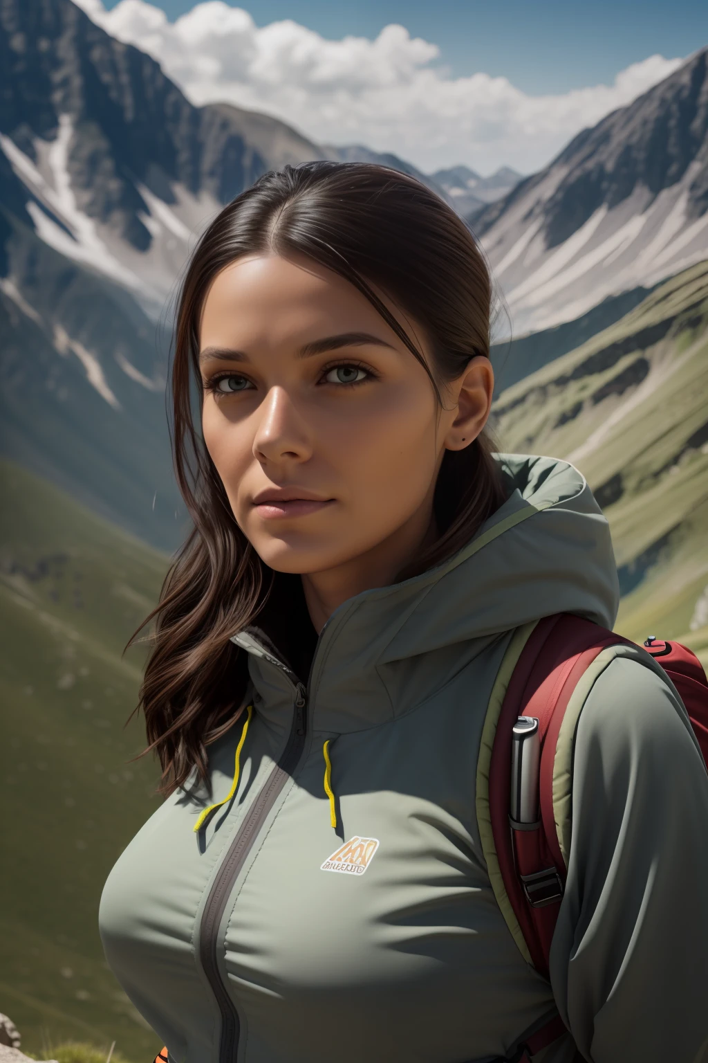 Natural photography of a woman, hiking up a mountain, windswept hair, big bust, wearing mountain clothes, hiking boots, holding a hiking backpack, locks eyes into the camera, symmetrical eyes, symmetrical face, photorealistic, photography, path tracing, specular lighting, volumetric face light, path traced hair, visible shadows, intricate, elaborate
