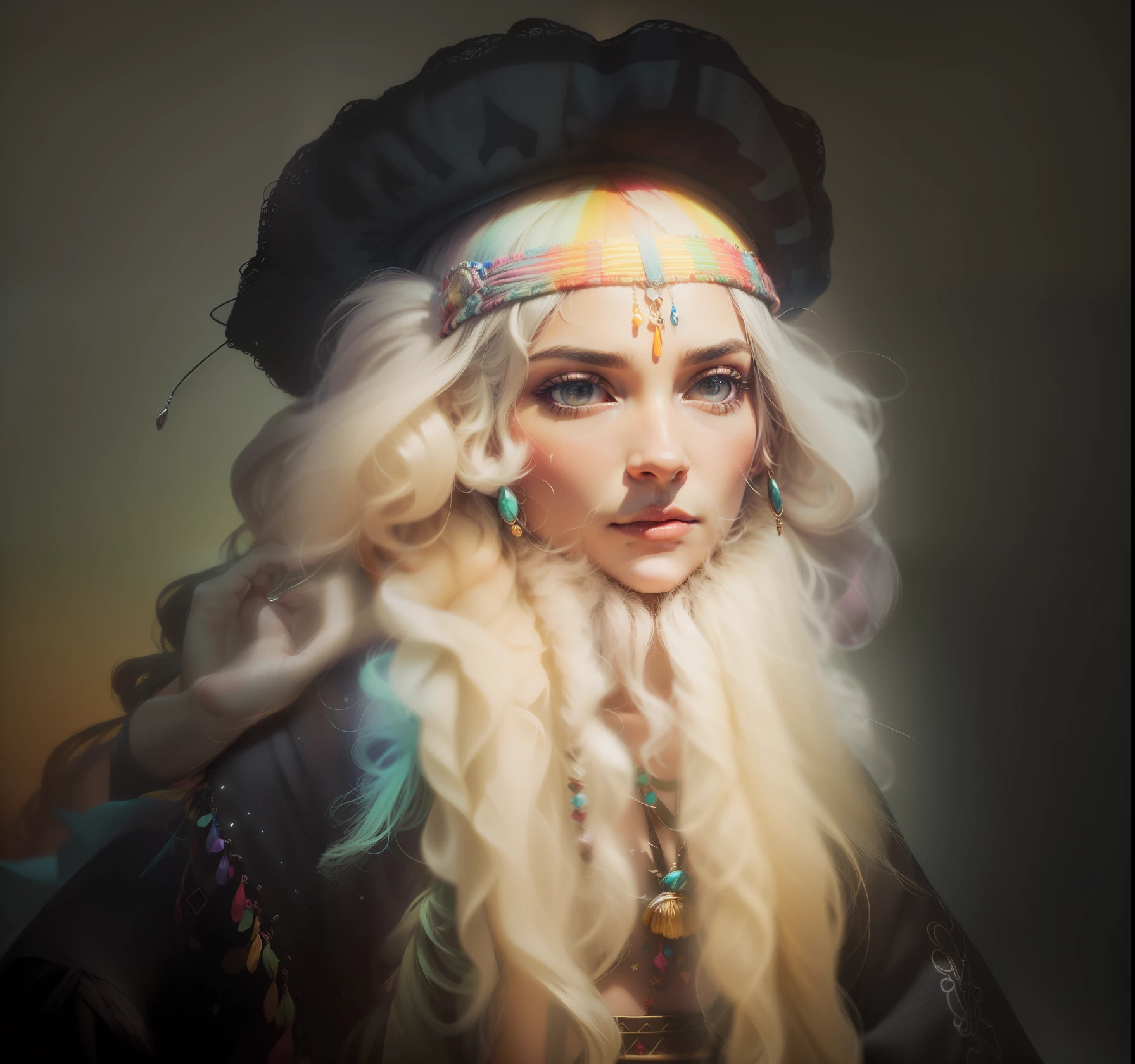 , ((deslumbrante , colorful Hippie clothing and accessories, imagem deslumbrante, obra prima , melhor qualidade, Uso efetivo da luz de sombra, hiper realista realista 3d,