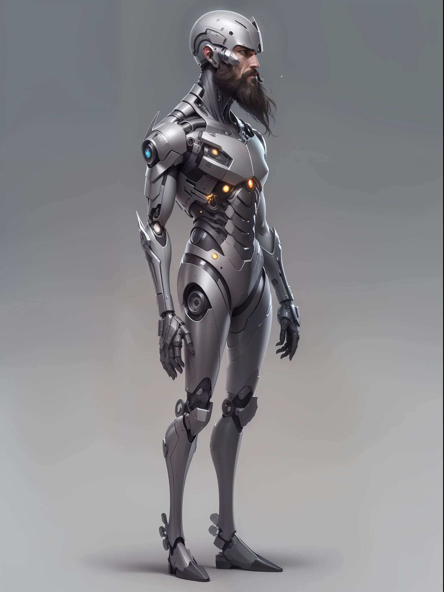 very skinny, bearded man, ((Metal implants)), Half cyborg, Character design, hiquality, crisp detailing, ((((Full-length)))), (((MATTE GRAY BACKGROUND)))