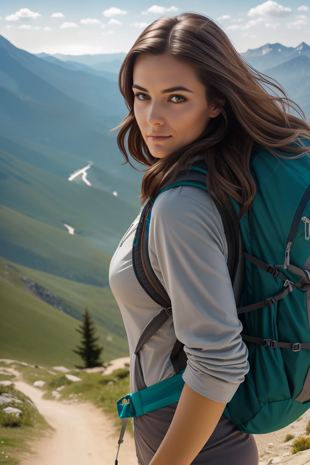 Natural photography of a woman, hiking up a mountain, windswept hair, big bust, wearing mountain clothes, hiking boots, holding a hiking backpack, locks eyes into the camera, symmetrical eyes, symmetrical face, photorealistic, photography, path tracing, specular lighting, volumetric face light, path traced hair, visible shadows, intricate, elaborate