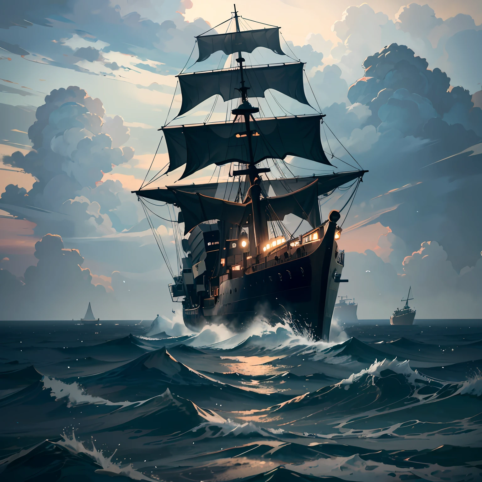 A ship that is out at sea, in the style of dark fantasy, heavy shading, aggressive digital illustration, depictions of inclement weather, cryengine, tumblewave, uhd image —ar 2:3 —s 200 —w 5 —chaos 10 —version 5.2