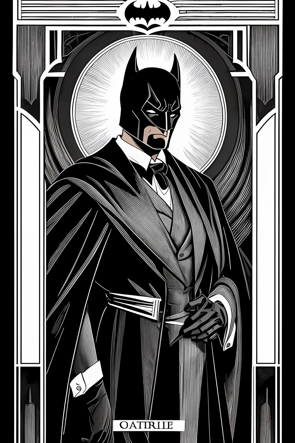 "Art Deco-inspired gothic horror Batman tarot card with detailed line art rendering."