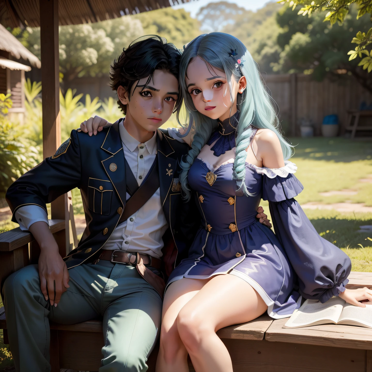 vc pode me criar uam arte desses dois? Lila: She's a 15-year-old girl, que tem cabelos azuis longos e lisos e olhos verdes. She's short and thin, e veste um vestido branco simples. She is the protagonist of the story, e tem um poder especial: She can manipulate people's emotions. She's a shy, lonely girl, que vive em uma cabana na floresta. Ela gosta de ler livros, desenhar, tocar violino e olhar as estrelas. Ela se apaixona por Leo, e descobre o valor da amizade e do amor.
Leo: He's a 16-year-old ???, que tem cabelos pretos espetados e olhos castanhos. He's tall and strong, e veste um uniforme escolar azul. He is the co-protagonist of the story, e tem um poder especial: ele pode controlar o fogo com facilidade. He's a cheerful and curious ???, que adora explorar o mundo e fazer novas amizades. He is the son of a famous monster hunter, e sonha em seguir os passos do pai. Ele se apaixona por Lila, e a ajuda a superar os seus medos e a sua melancolia.