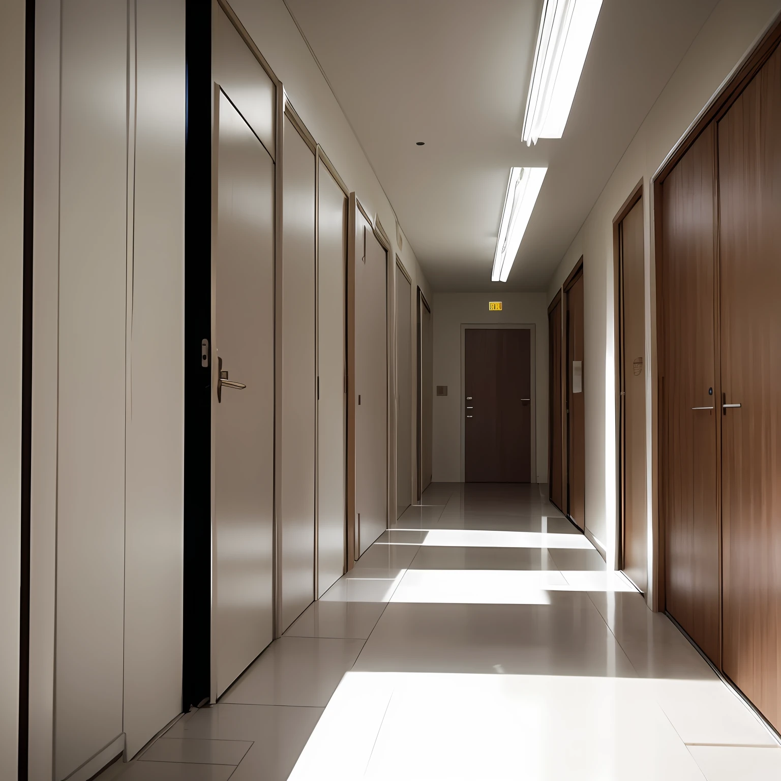 Empty hallway, doors, man knocking on every door, in a hurry, day time --auto