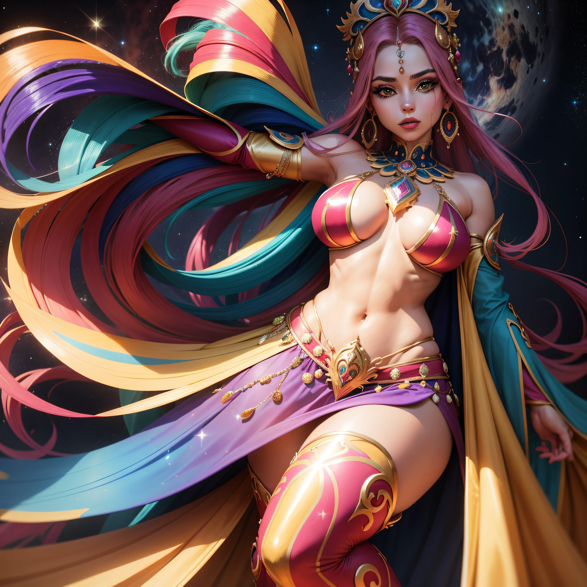 mulher, Dancer bumba my ox, ultrarrealista, detalhado, roupas com penas e fitas coloridas, glitters pelo corpo, noite de lua cheia, cabelos loiros, olhos azuis lindos, 8K super HD