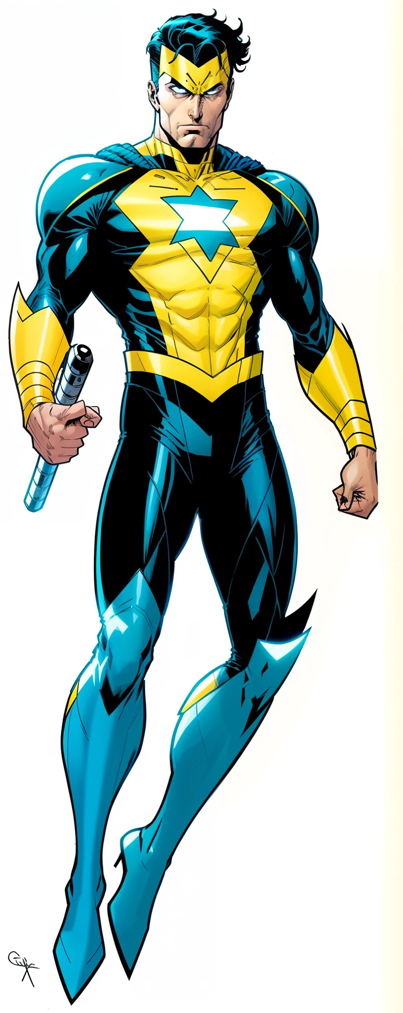 Invincible vs Omniman, a drawing of a man in a yellow and blue costume, ethan van sciver, phil jimenez, longshot, inspired by John Romita Jr, jason fabok. greg staples, 90s comic book character design, comic book character, inspired by Howard Chaykin, inspired by Neal Adams, yellow x-man costume, russell dauterman, omni man vs invincible, star on chest, sleek suit