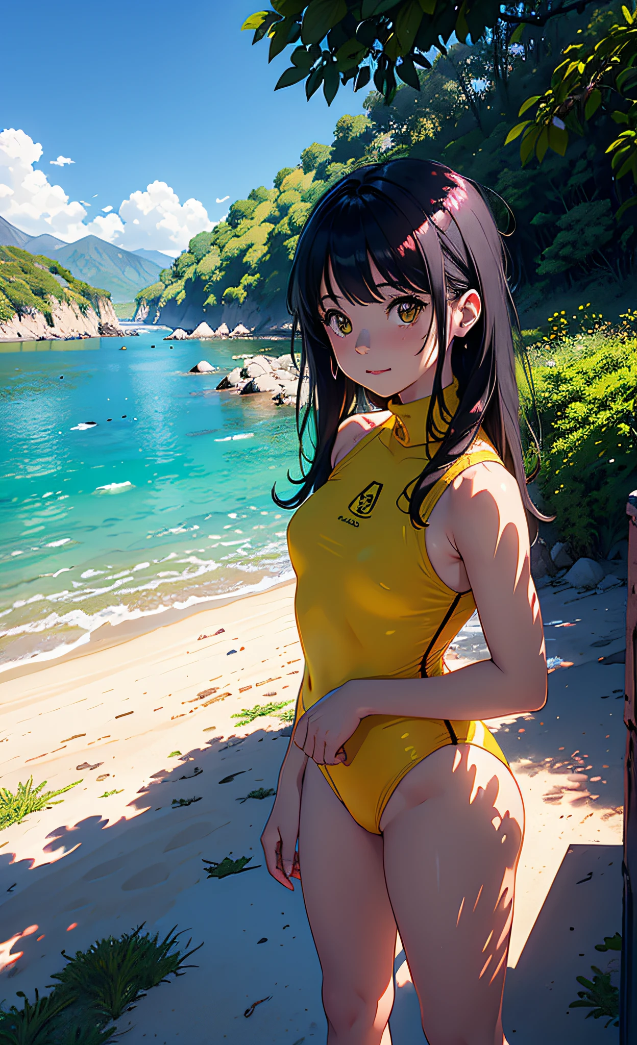 1 girl in, excited expression, ojos morados fascinantes, Cabello largo, ((cabello rosado)), (((Yellow turtleneck swimsuit))), (((sentada en una roca con las piernas cruzadas))),postura serena, piel de porcelana, rubor sutil, (edge lighting): 1.2, warm tones, resplandor solar, sombras suaves, colores vibrantes, Pictorial effect, Dreamy atmosphere BREAK scenic lake, Distant mountains, salsa, aguas tranquilas, reflejo, nubes iluminadas por el sol, ambiente tranquilo, Idyllic sunset, ultra detallado, arte oficial, fondo de pantalla de unidad 8k, Zentangle, mandala,sin mangas,pierzas cruzadas
