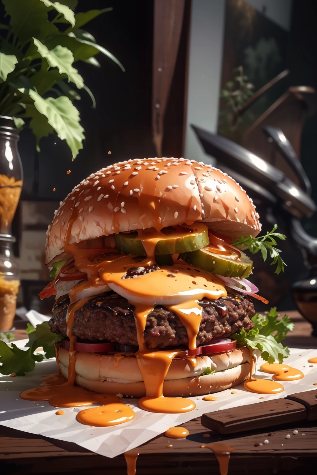 (obra-prima, qualidade superior, melhor qualidade, handsome and aesthetic: 1.2), extremamente detalhado, mais alto detalhado, Humburger,
photo burger, bonsai, monstro