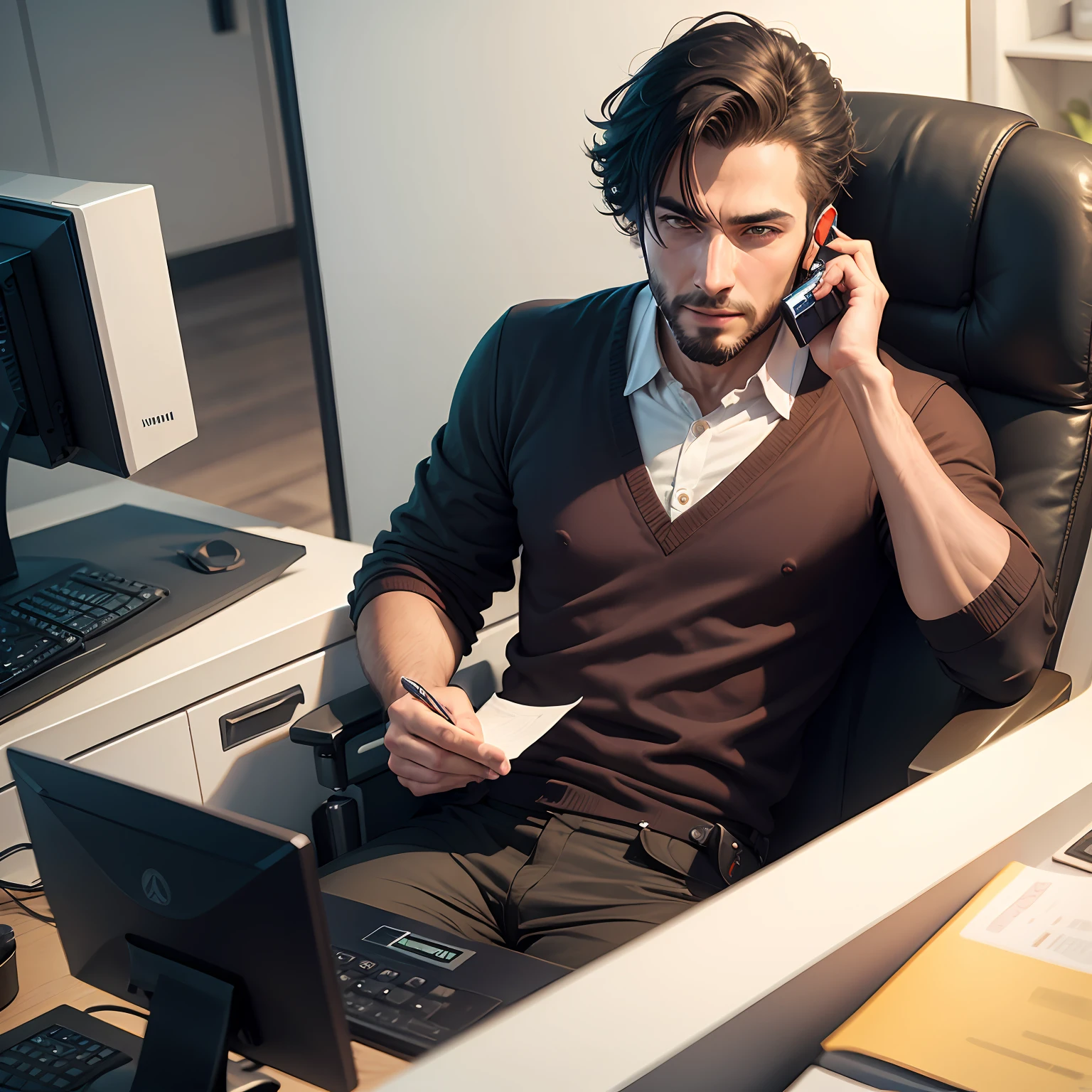 Man talking to receptionist, giving money, chatting --auto