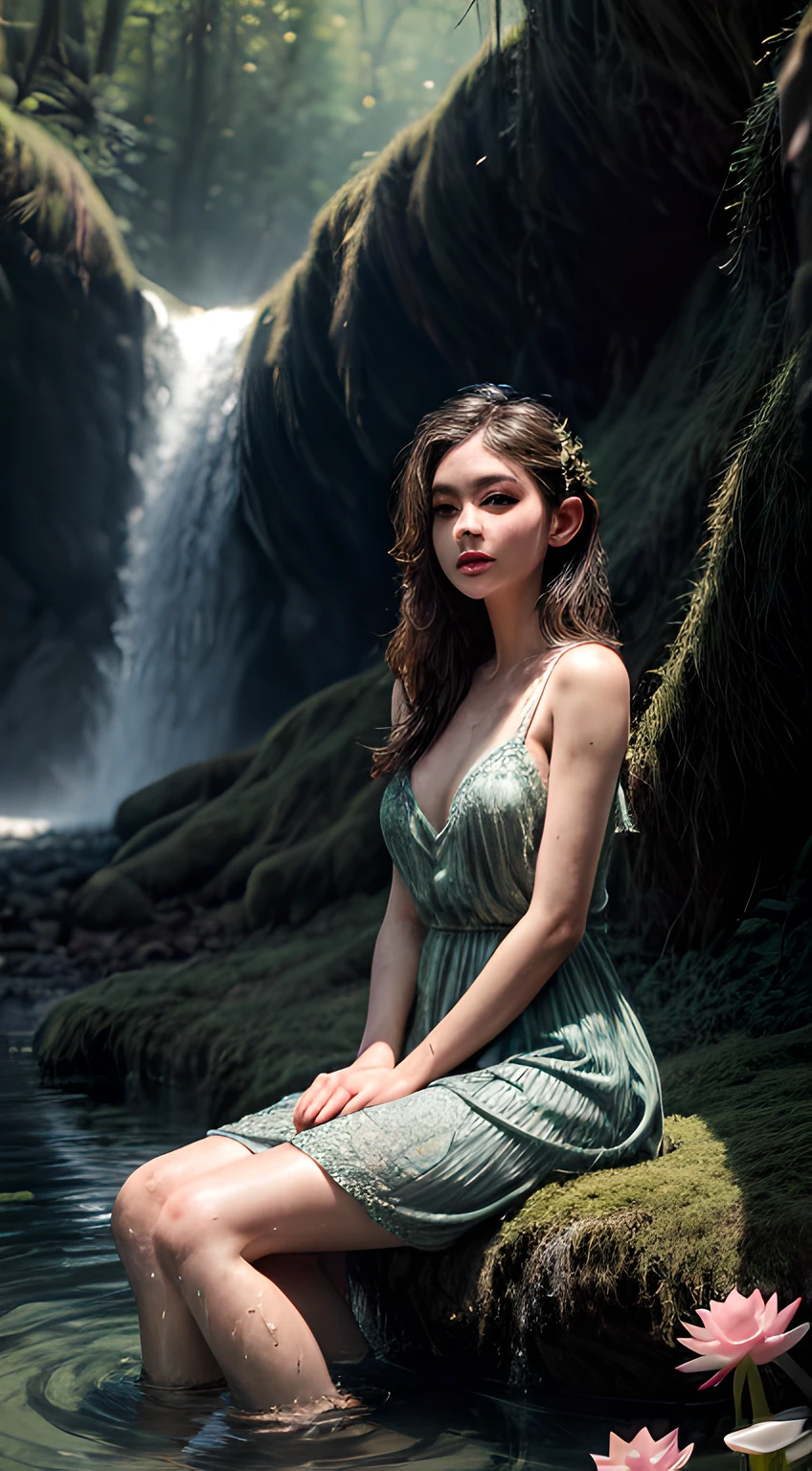 (masterpiece, best quality), 1girl, solo, elf, mist, sundress, forest, sitting, in water, waterfall, looking at viewer, blurry foreground, dappled sunlight, moss, (intricate, lotus, mushroom)