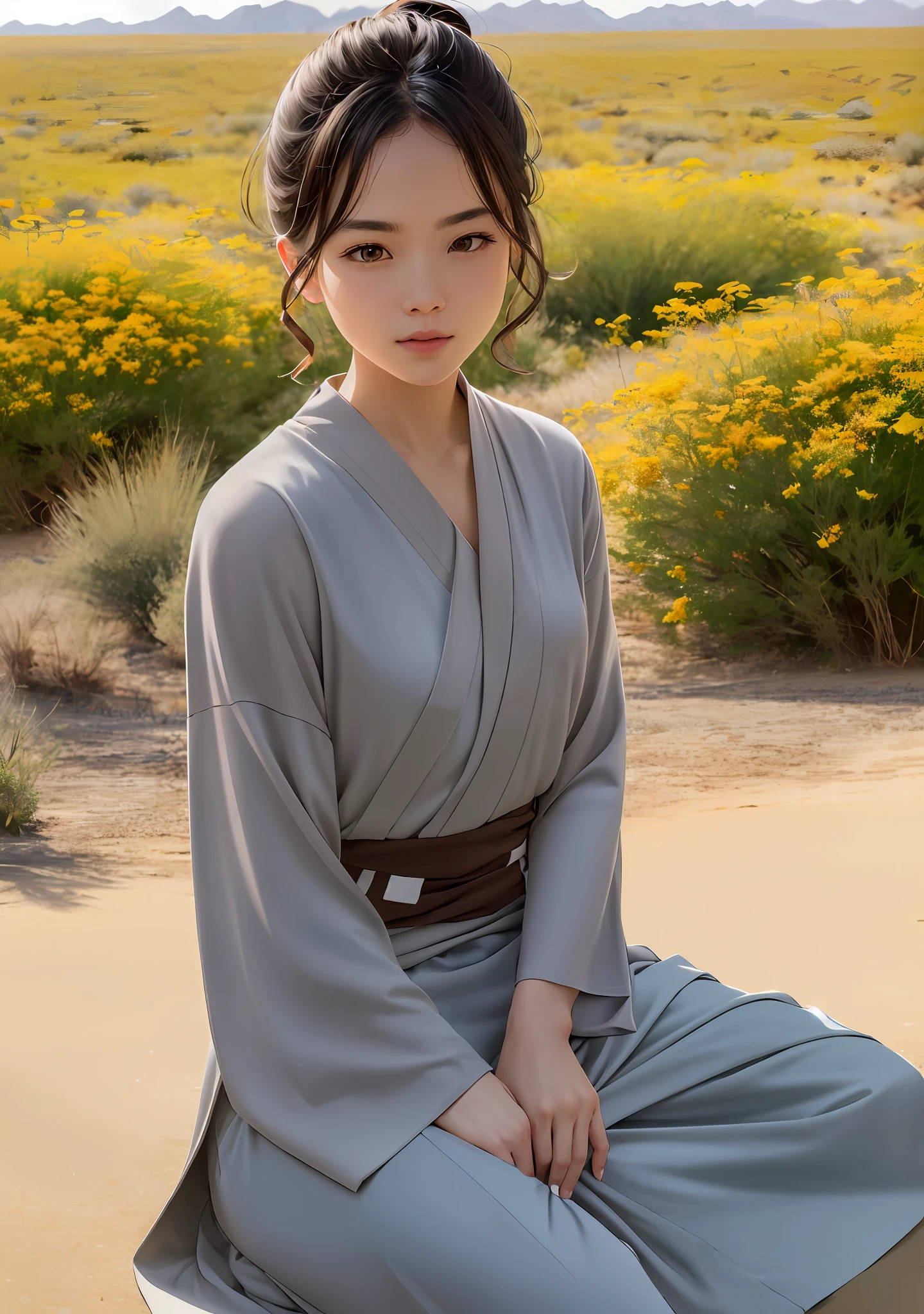 (Jedi meditation:1.3), serene photo,1girl, Jedi master in deep meditation, in jedioutfit, sitting cross-legged, (desert oasis:1.1), surrounded by blooming desert flowers, harmonizing with the Force, spiritual retreat, transcendent tranquility, desert enlightenment, Absurdres, hdr, ultra detailed illustration, extremely detailed face, RAW photo, film grain, skin pores, trending on deviantart