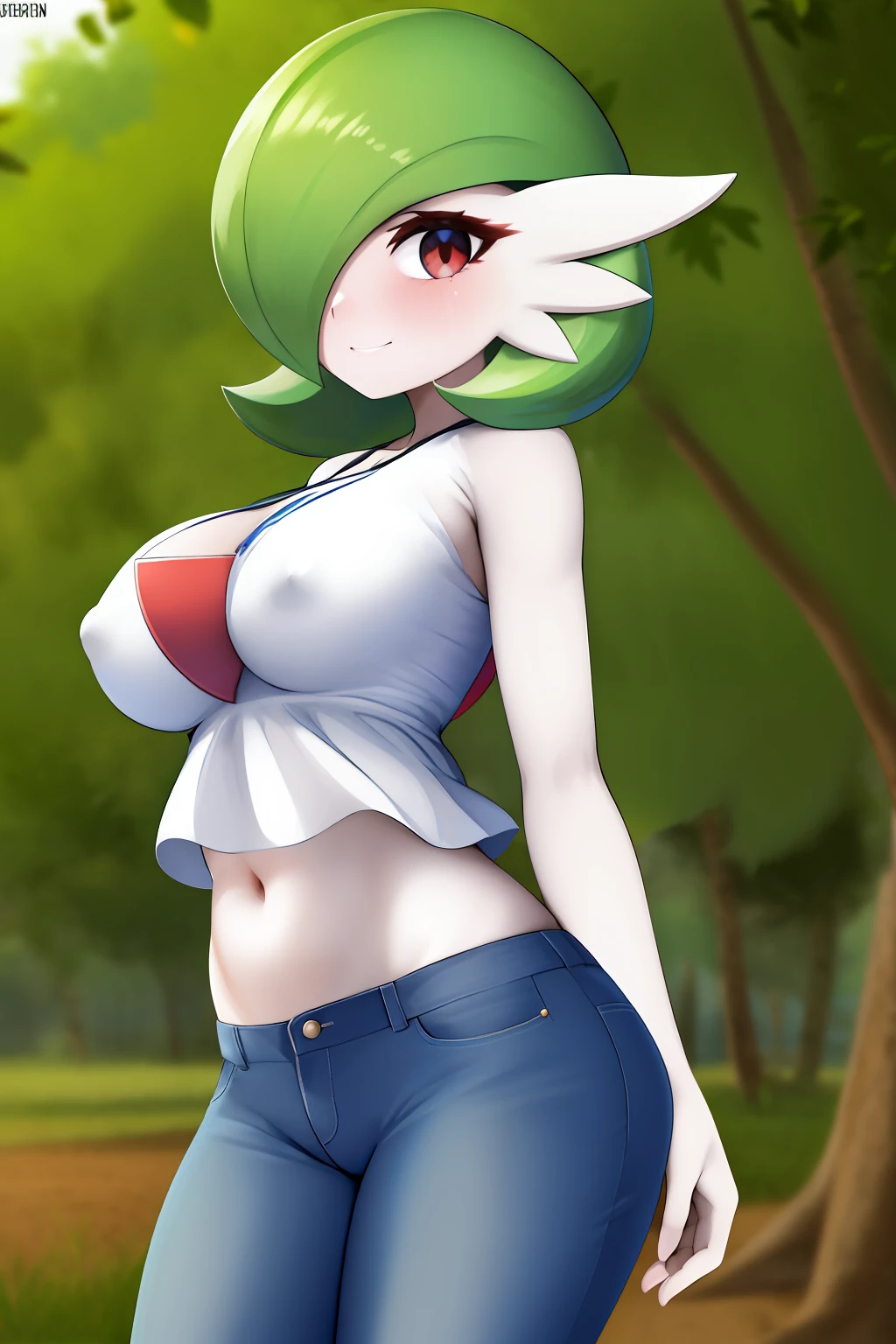 obra maestra, best_quality, 1girl, solo, gardevoir, pokemon \(criatura\), cabello verde, ojos rojos, en un parque, ropa casual, jeans, blusa azul, NSFW, levanta su blusa con ambas manos para mostrar sus senos, senos desnudos, pezones visibles, pezones verdes, sonriendo, rubor, mirada al espectador.