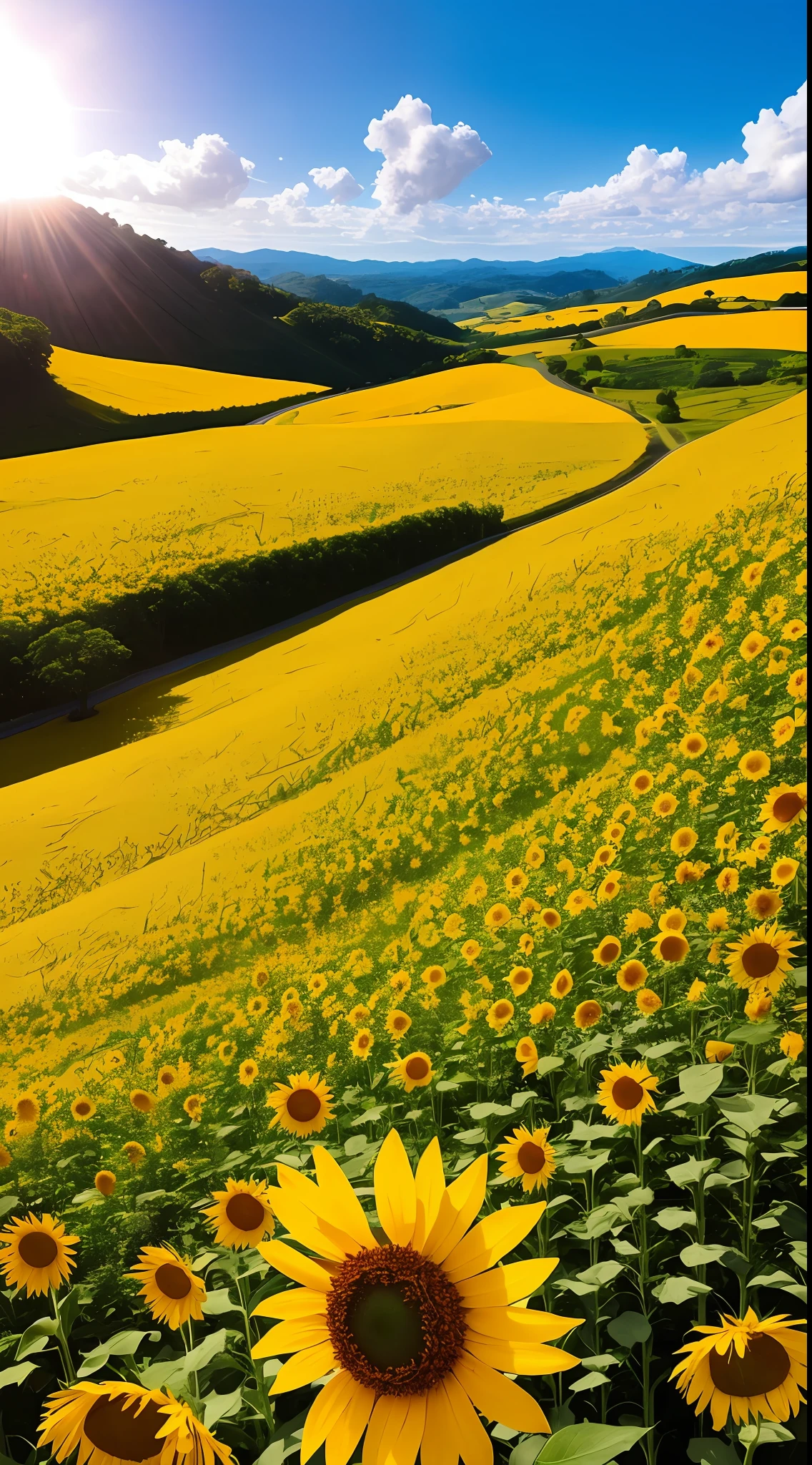 uma paisagem com sol, flores e borboletas: Um campo ensolarado, with a blue sky and a radiant sun shining overhead. ao redor, there are hills covered with colorful flowers, like yellow sunflowers and white daisies. Butterflies of various colors fly gracefully among the flowers, adding even more beauty to the scenery. Espero que consiga imaginar essa paisagem maravilhosa!