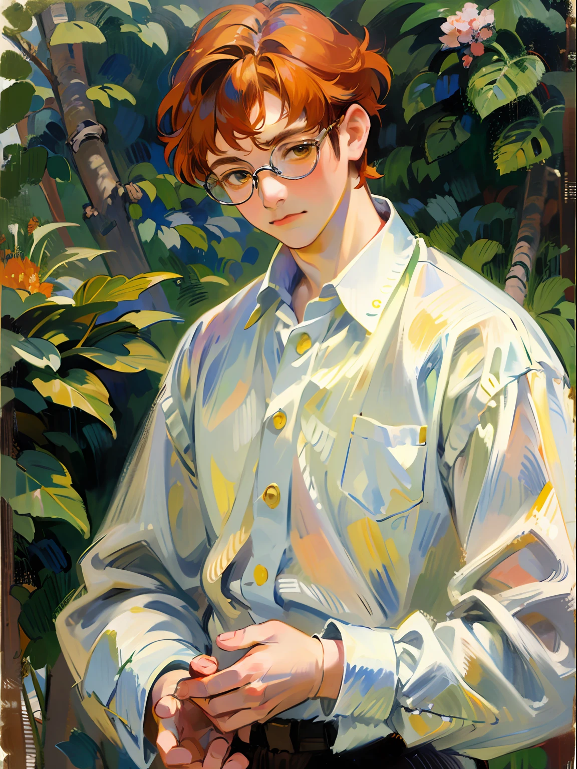 ((1man)), ((skinny)), ((ginger hair)), ((yellow eyes)), ((glasses)), ((white shirt)), ((long sleeves)), ((vintage shirt)), ((19th century)), (Renoir), (Monet), (oil painting)