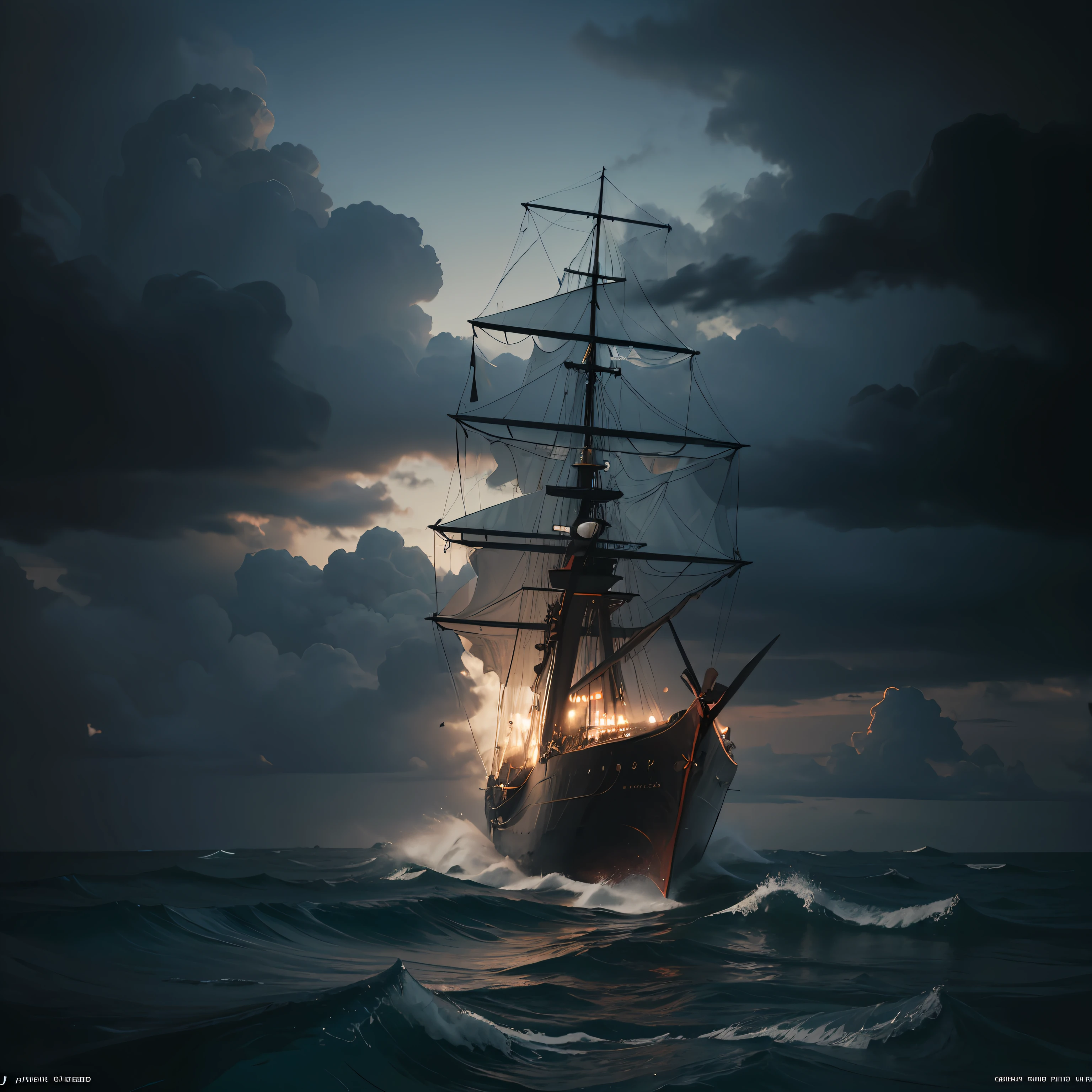A ship that is out at sea, in the style of dark fantasy, heavy shading, aggressive digital illustration, depictions of inclement weather, cryengine, tumblewave, uhd image —ar 2:3 —s 200 —w 5 —chaos 10 —version 5.2