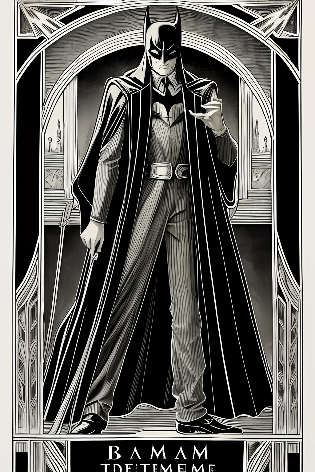 "Art Deco-inspired gothic horror Batman tarot card with detailed line art rendering."