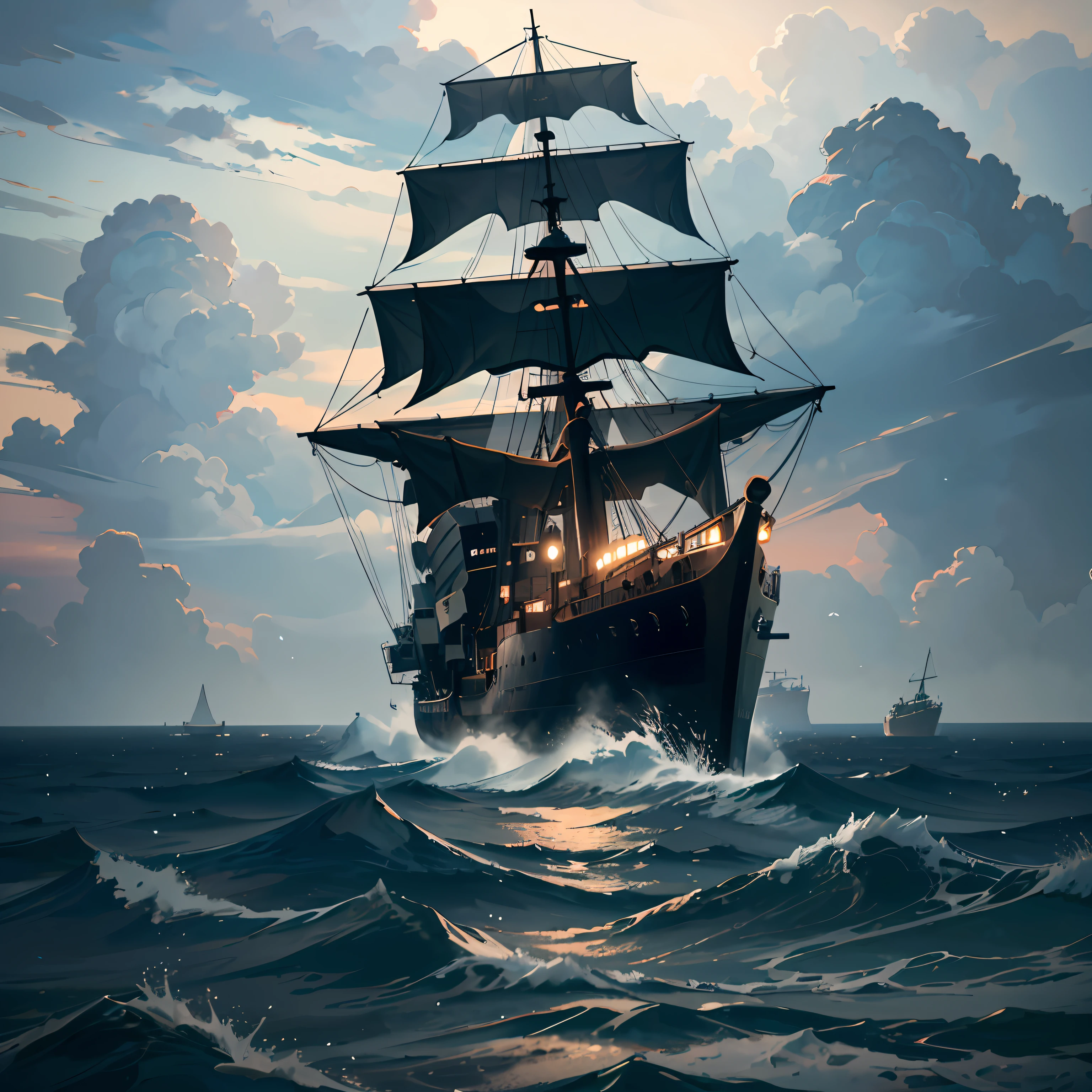 A ship that is out at sea, in the style of dark fantasy, heavy shading, aggressive digital illustration, depictions of inclement weather, cryengine, tumblewave, uhd image —ar 2:3 —s 200 —w 5 —chaos 10 —version 5.2