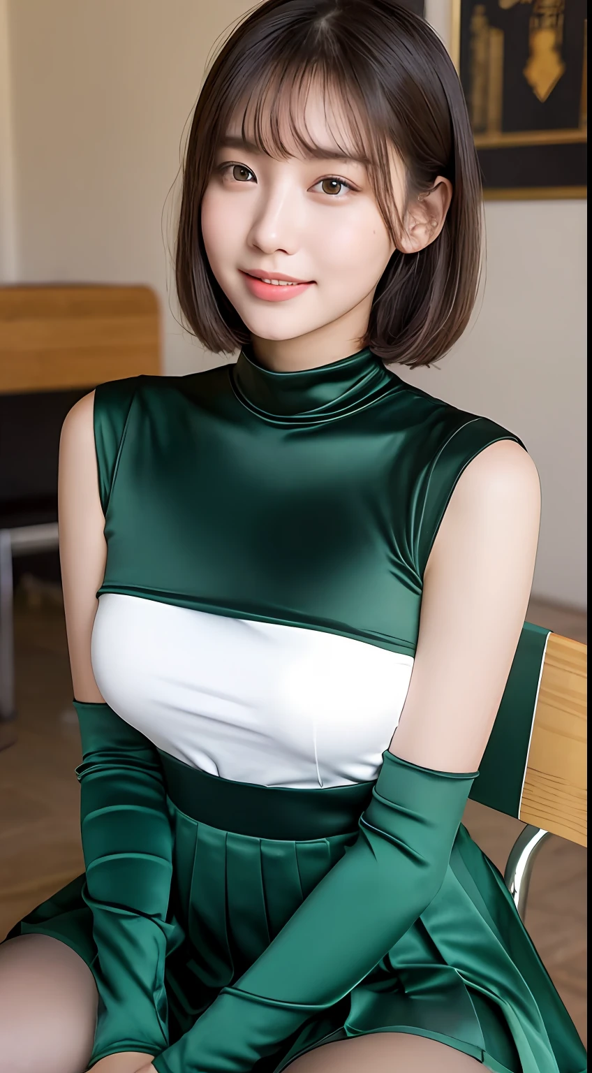 Beautiful college girl and one man, beautiful college girl sitting on a chair indoors, beautiful college girl grabbing her breasts by the man next to her (shiny satin olive high neck dress, high neck, satin green box pleated skirt, tights, black shiny boots), top quality, high resolution, 8k, 1girl, (Huge breasts :0.9) , (bangs, short hair), (shiny skin, looking at the viewer, seductive look) (upper body: 2.5)) soft lighting, wind, sun, bright, indoors, man beside college girl (hugging beautiful college girl, excited expression, grabbing beautiful college girl's breasts with his hands)