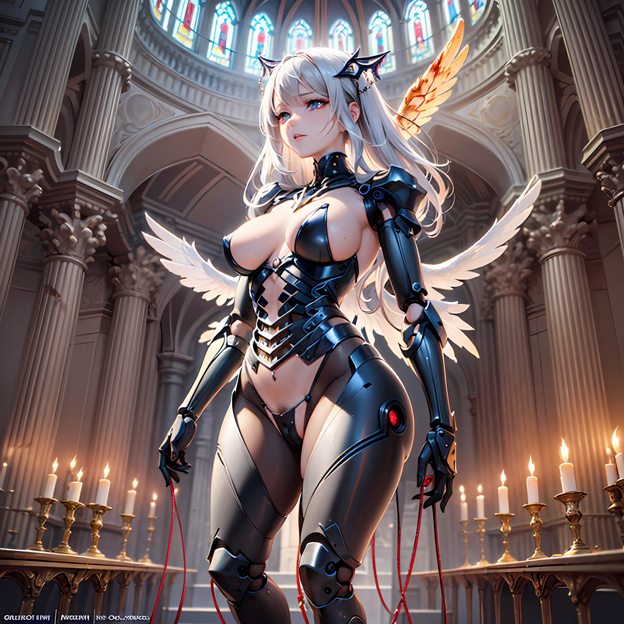(masterpiece), (top-quality), (top-quality), masterpiece, (High Definition CG Illustration), ((extremely delicate and beautiful)), (Since a while ago), Cinematic Light, Grotesque Machine Girl, super realistic details, portlate, globalillumination, ultra-sharp, Convoluted, ornaments detailed, cold color, metals, highly intricate detail, Realistic light, radiant eyes, neon details, Mechanical limbs, blood vessels connected to tubes, Pipe connected to the crotch, Mechanical vertebrae attached to the back, mechanical cervial attaching to the neck, Wires and cables connecting to the head, Smaller breasts, Small-eyed buttocks, ((lamentation)), ((Angel wings)), Emphasis on mechanical skeleton, (((Emphasis on mechanical interiors))), (Put a little emphasis on mechanical bones) ,teats, No pubic hair, (((realisitic))), Interior of the Church Cathedral at night lit by candles, Tears of blood, Soft breasts and buttocks and face, The devil's tail is connected to the crotch