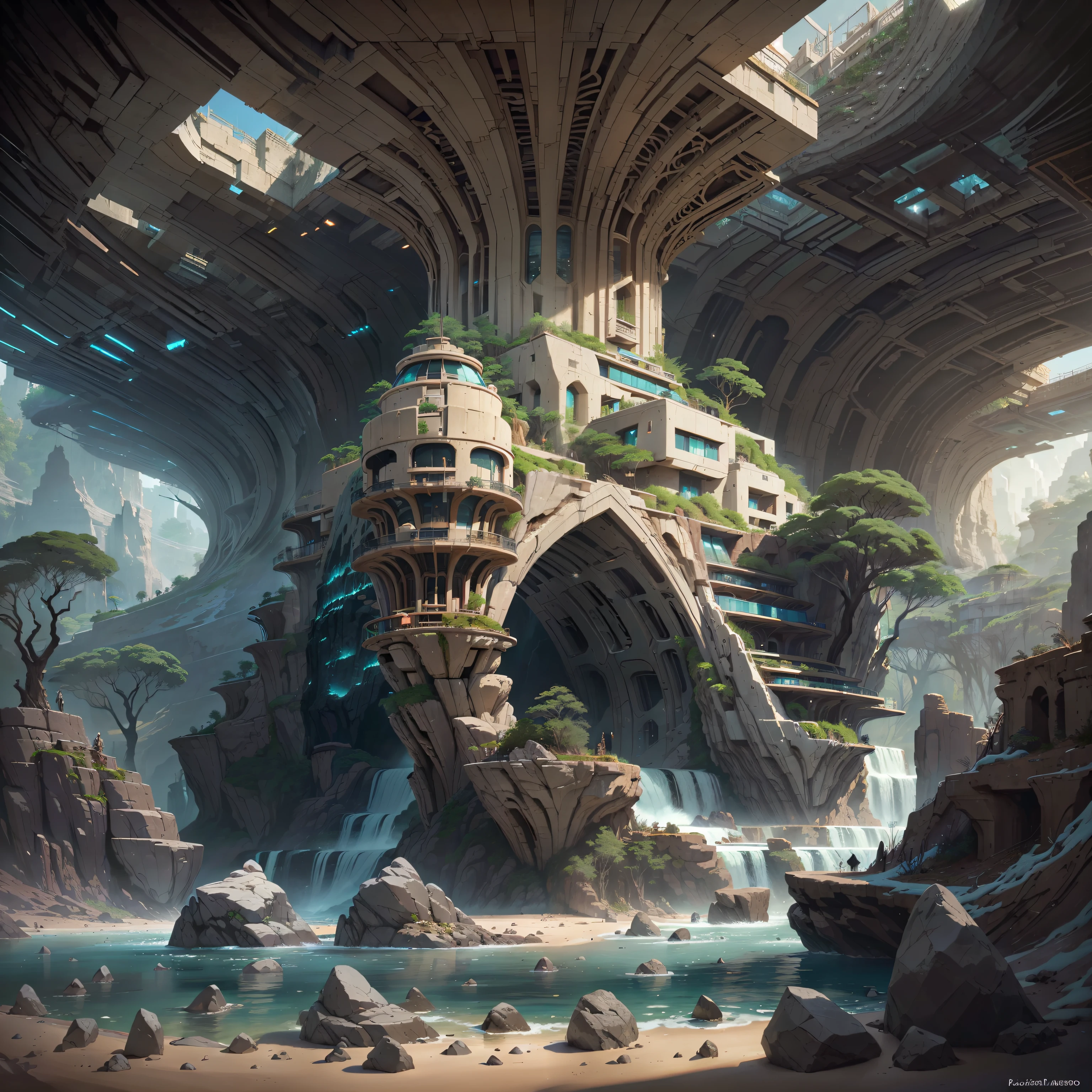 :an a dark rainy cloudy environment concept art of Futuristic design of cave architecture interiors concept art on grand Canyon caves nature architecture, proportional,detailed, cave architecture nature meets futuristic architecture on a rainforest jungle cliff with huge waterfalls,Crepuscular rays, nature meets modern architecture in the style of Aries Moross, Rem Koolhaas,Daniel Libeskind, Jean Nouvel, Paolo Soleri,Toyo Ito and Philip Johnson with Dry brush drawing style ,Chiaroscuro village,cliff side residential area, mixed development,nature architecture,bright colors,high rise made up staircases, balconies, full of glass facades,carved from rocks, masterpiece, proportional, detailed, trending on artstation, beautiful lighting, realistic, intricate
