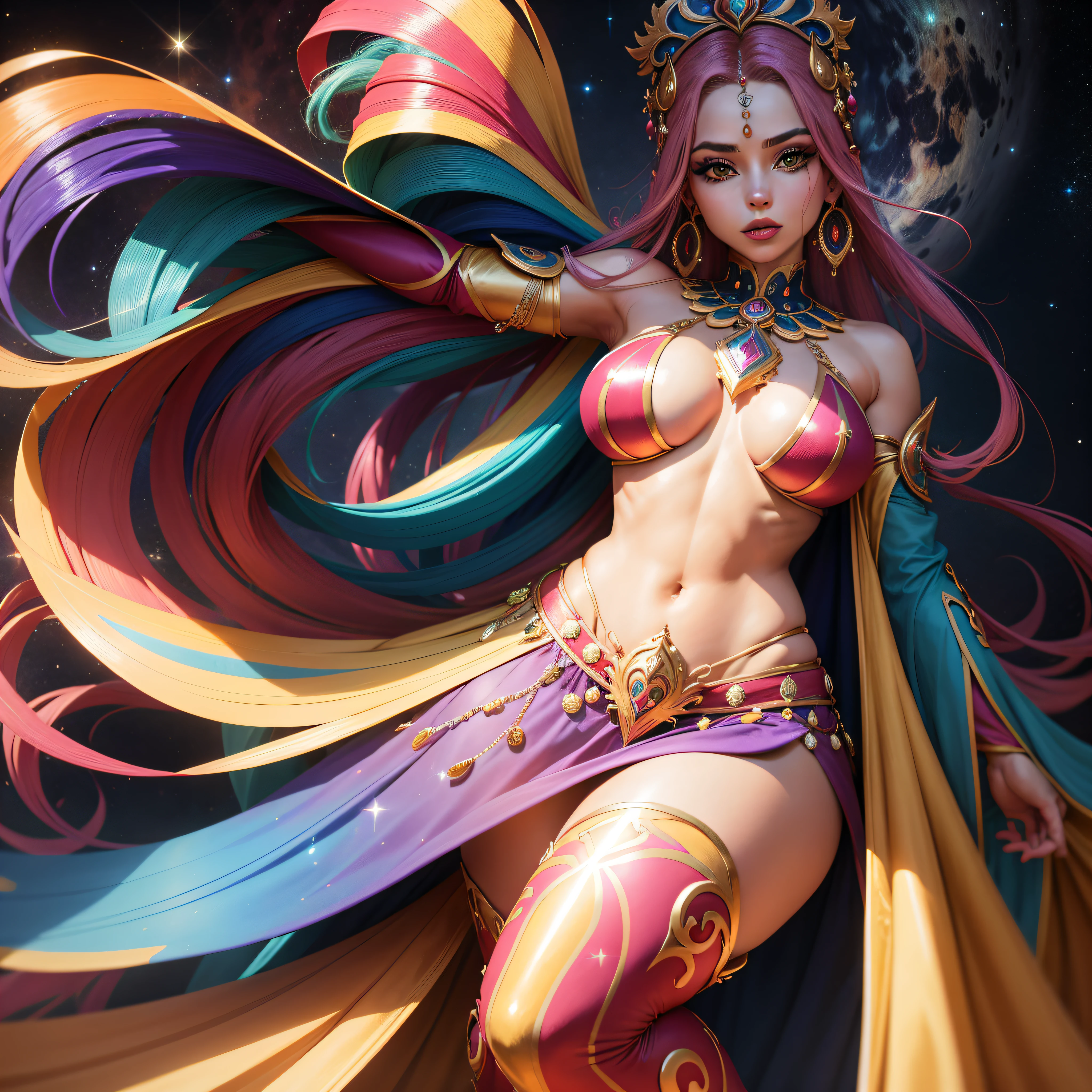 mulher, Dancer bumba my ox, ultrarrealista, detalhado, roupas com penas e fitas coloridas, glitters pelo corpo, noite de lua cheia, cabelos loiros, olhos azuis lindos, 8K super HD