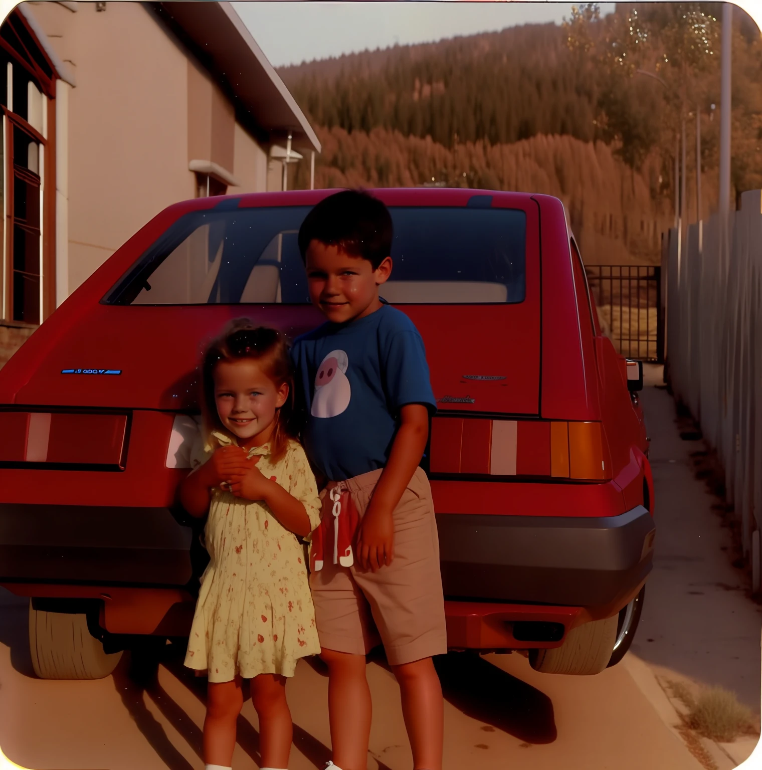 There are two children next to a red car, childhood friend, 1988, 1 9 8 8, 1986, 1 9 8 6, 1 9 8 5, 1985, 1979, 1 9 7 9, 1983, 1 9 8 3, 1989, 1 9 8 9
