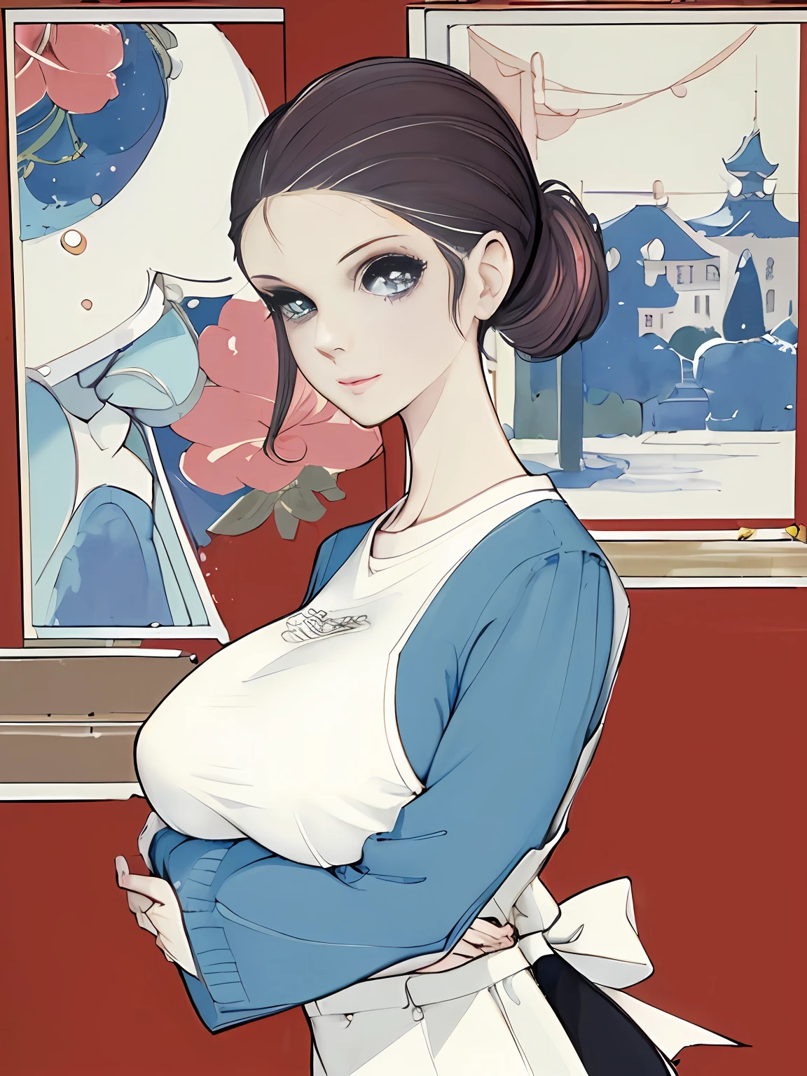 ((Best Picture Quality, 8k, tmasterpiece:1.3)), 1girl, Beautiful woman with slender abs:1.3, (Casual hairstyle, huge tit:1.2), shift dresses:1.1, Ultra-fine face, A detailed eye, 二重まぶた，Home，Side Body，hugs