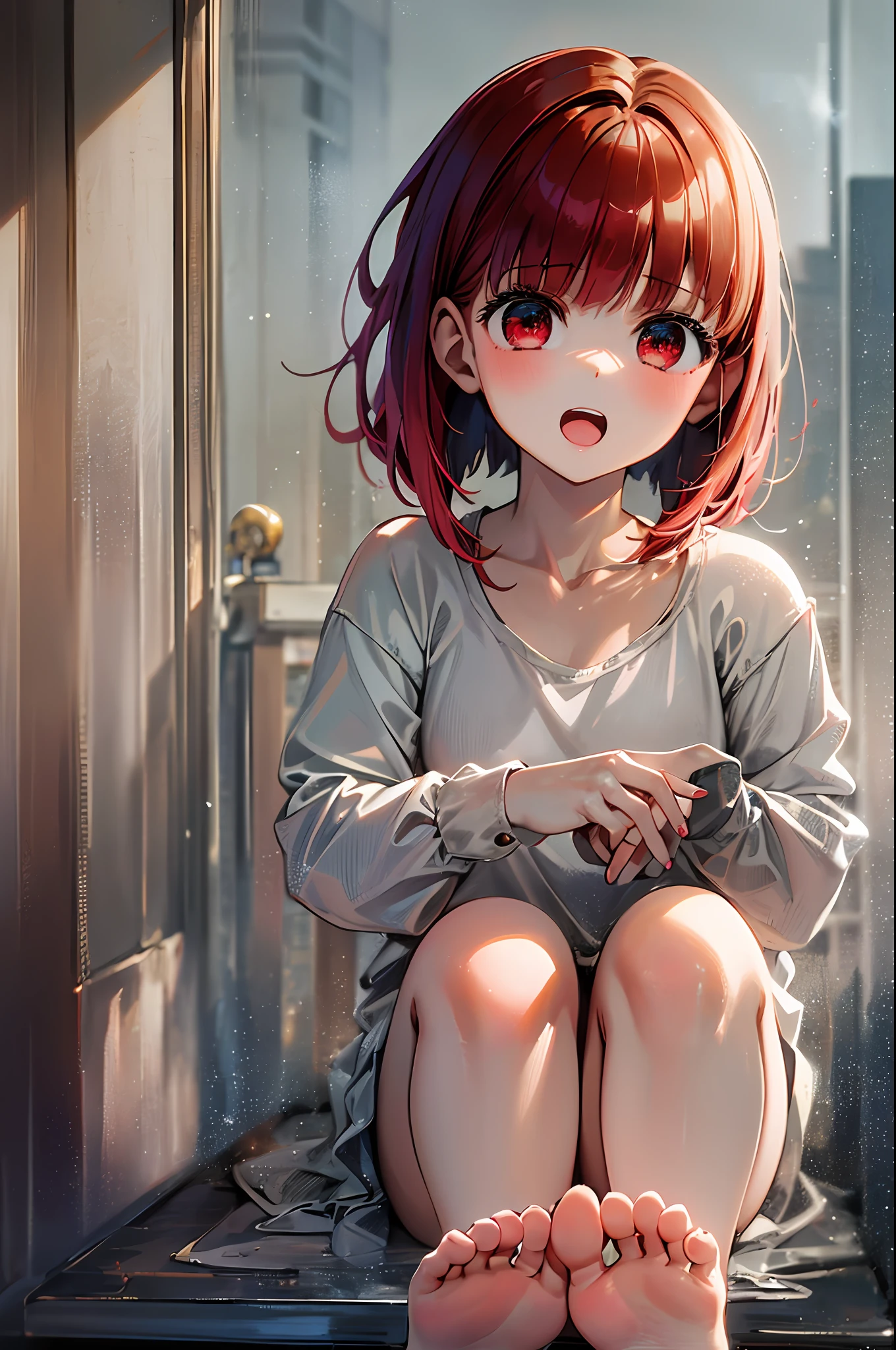 ((Best Quality)), ((Masterpiece)), (Details: 1.4),Anatomical, award-winning concept art, beautiful, fine details, warm soft color grading, depth of field, highly detailed CG Unity 8k wallpaper, amazing, best illustration, lens 135mm, glossy, light reflection, clear, very elaborate, RAW, photography, portrait, official art, beautiful and aesthetic, 1 girl, full body, full body photo of petite girl, child actor, red hair, red big eyes, short hair, black knee socks, sitting, hands on knees, absolute area, perfect feet, perfect toes, perfect foot shape, perfect toes, five toes, realism, vibrant, moment when the lover was in a miracle, fantastic visual depiction, professional effects, 13age, beautiful girl, petite girl, big, beautiful nails, Beautiful fingers