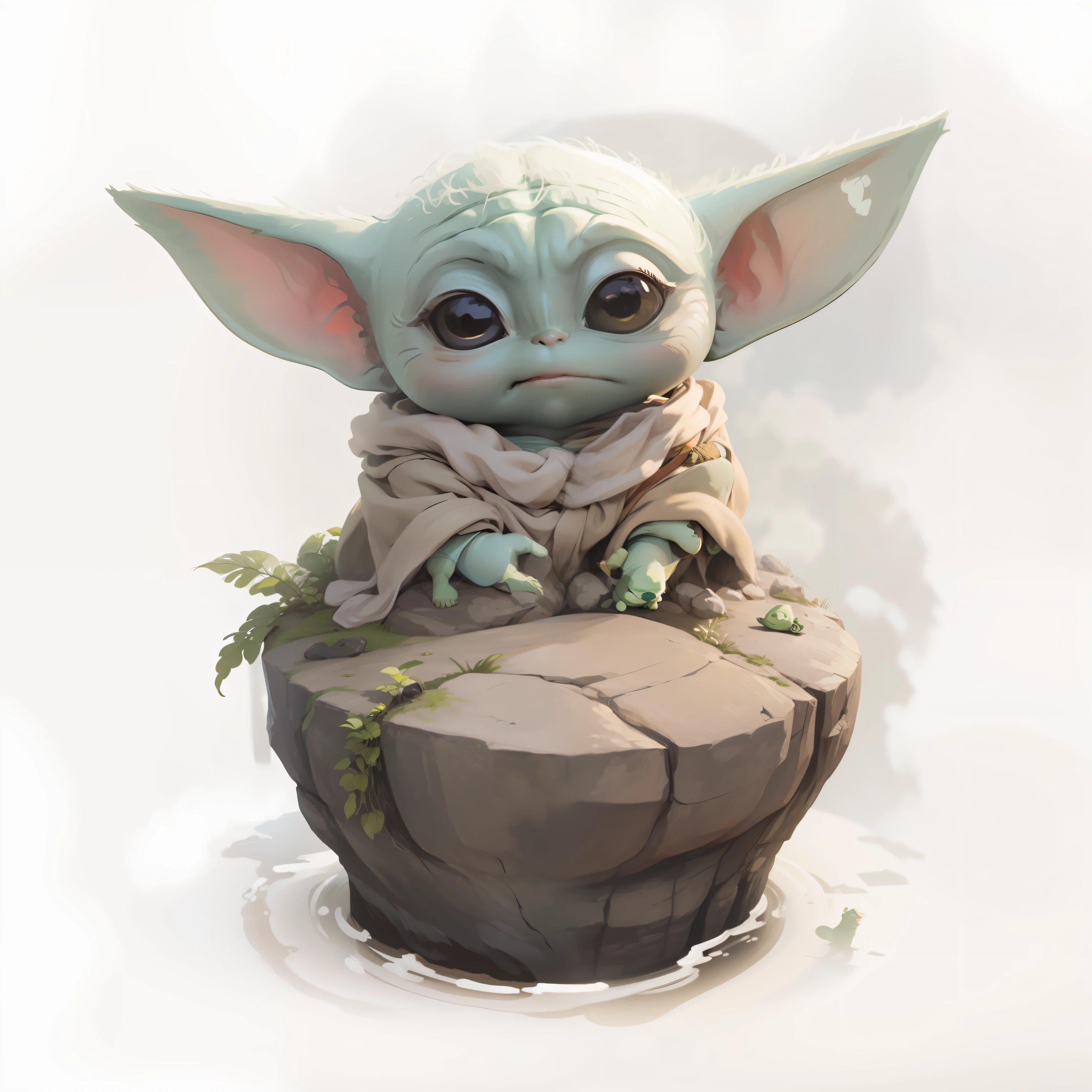 Baby Yoda on top of a rock, Studio Ghibli style, 2D Design vector sticker white background