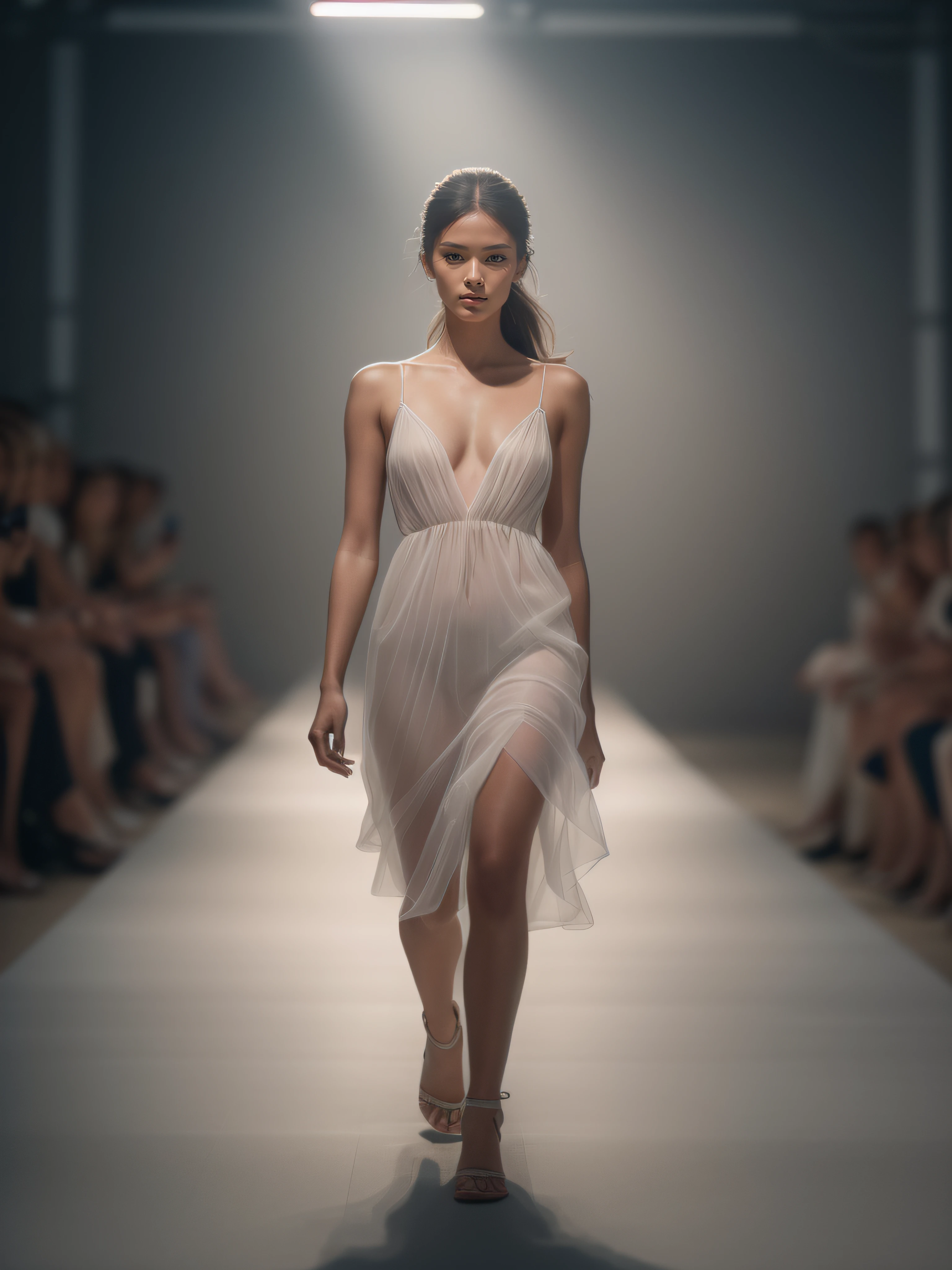 RAW photo, a fashion model, walk on runway, (photo-realistic:1.5), (RAW photo, 8k uhd, film grain), extremely delicate and beautiful, highres, sharp focus, extremely detailed, masterpiece, cinematic lighting, (high detailed skin:1.2), dslr, soft lighting, high quality, film grain, Fujifilm XT3