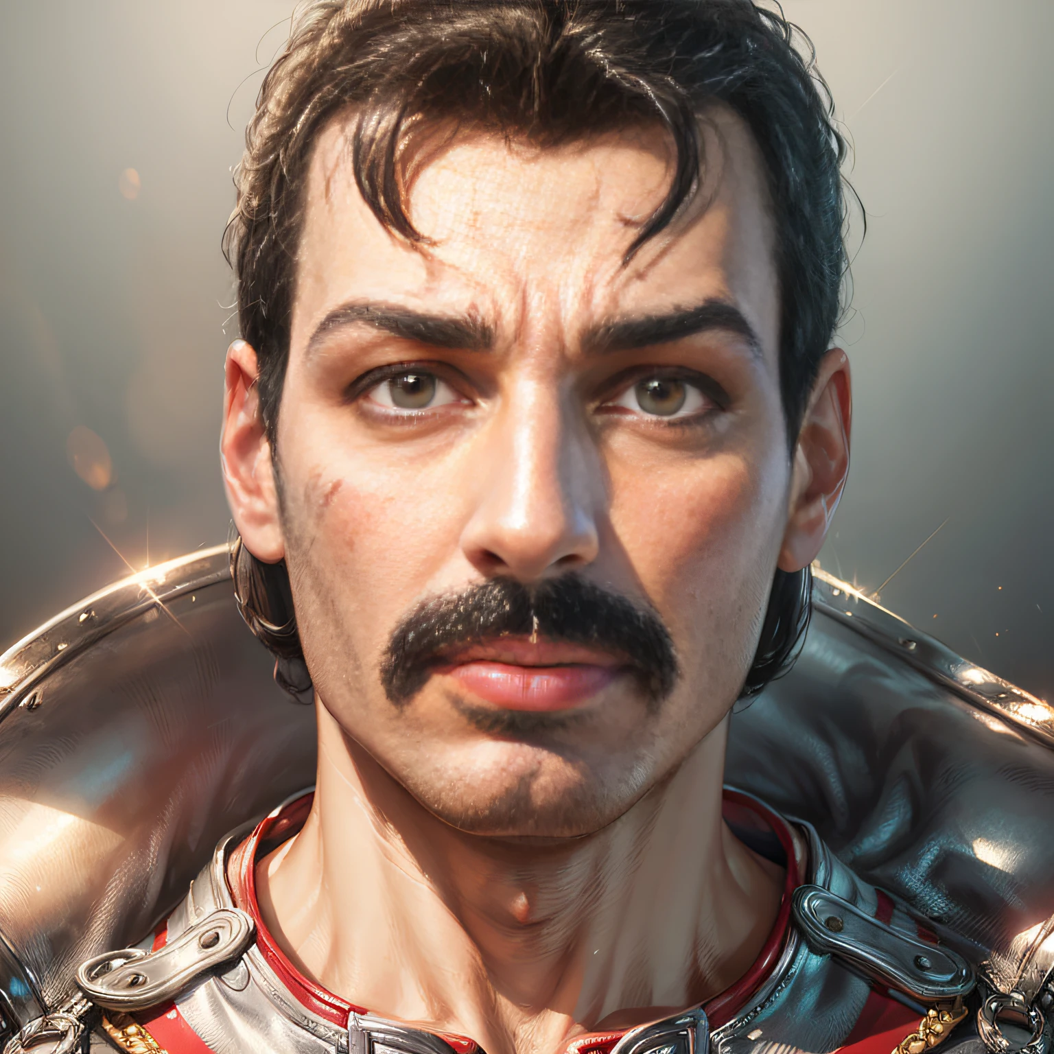 (Freddie Mercury:1.3),(full silver skin:1.2),(confident eyes, staring:1.2),(dramatic lighting:1.1),(funny expression:1.1) --auto