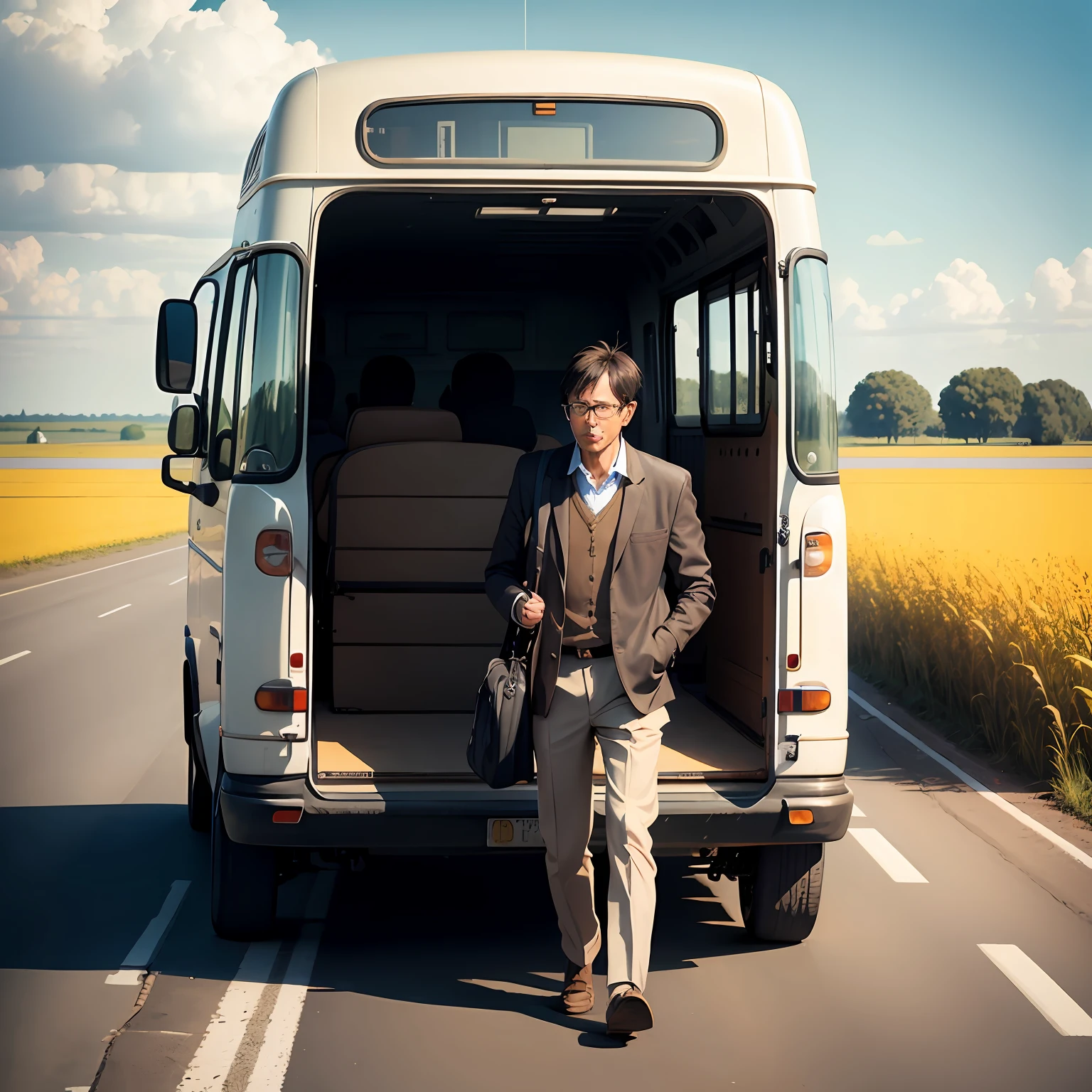 Lone man getting off a mini bus in the middle of an empty road, cornfield, sunny --auto