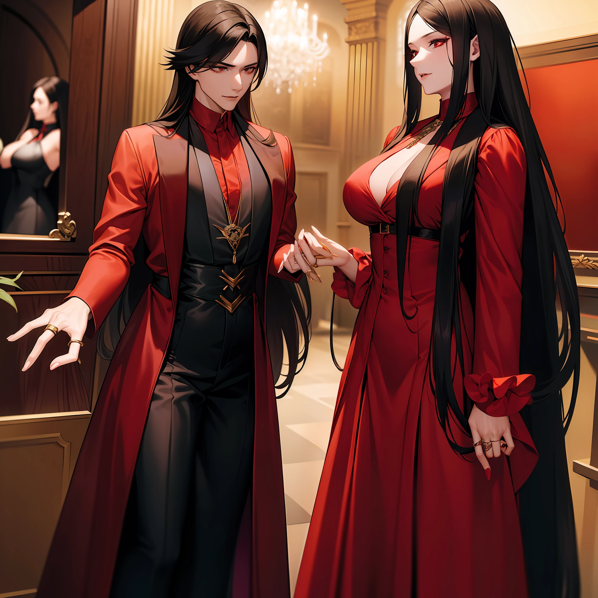 there is a man standing in a room with a two beautiful womens, male, androgynous vampire, with long dark hair, male vampire, handsome male vampire, with long hair, elegant outfit with red shirt and harness on torso, rings on hand