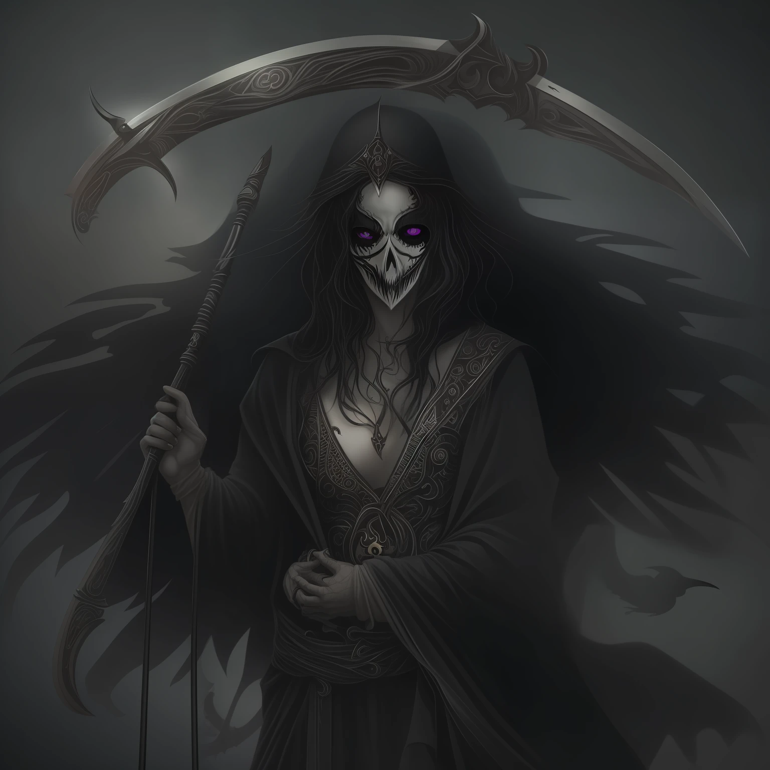 (Topic 1:goddess of death) [Woman:1](dark art:1.2), (Completely black eyes :1.4), (grin smile:1.1), (pale:1.5), (shiny black hair:1.2), (scythe:1.3), (crow:1.2), (dark background:1.1), (dark fantasy: 1.1)