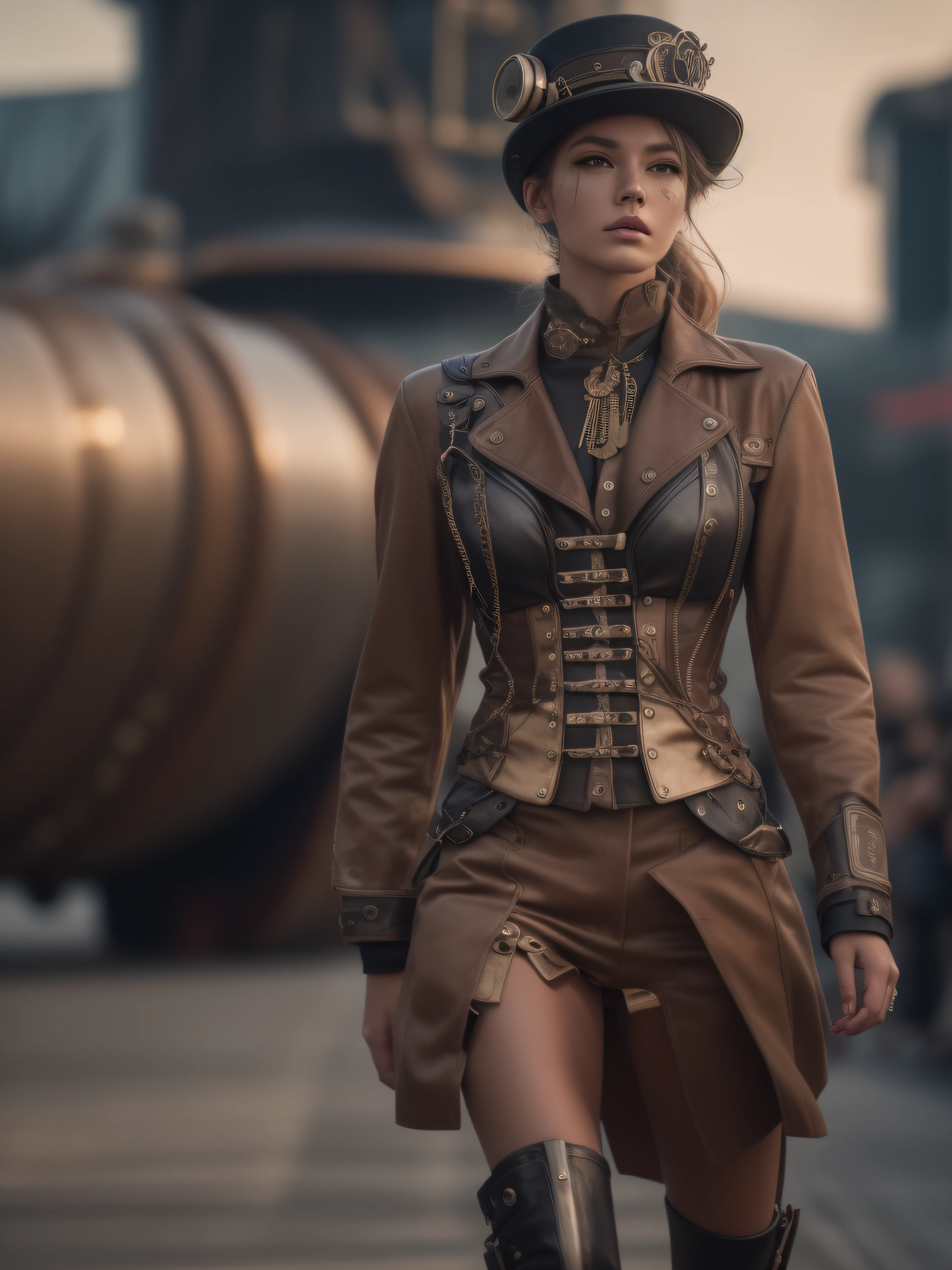 RAW photo, a fashion model, walk on runway, steampunk fashion, (photo-realistic:1.5), (RAW photo, 8k uhd, film grain), extremely delicate and beautiful, highres, sharp focus, extremely detailed, masterpiece, cinematic lighting, (high detailed skin:1.2), dslr, soft lighting, high quality, film grain, Fujifilm XT3