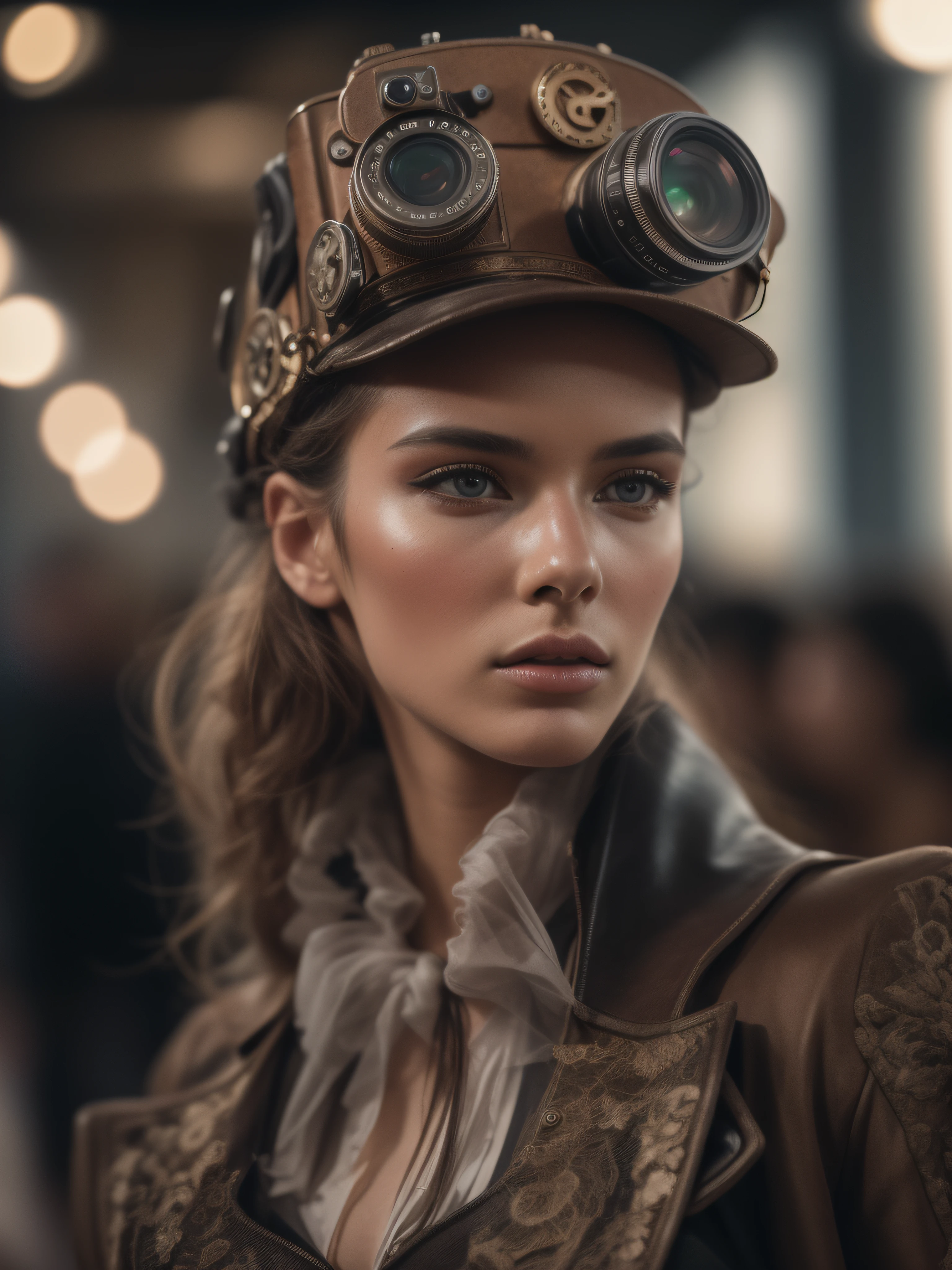 RAW photo, a fashion model, walk on runway, steampunk fashion, (photo-realistic:1.5), (RAW photo, 8k uhd, film grain), extremely delicate and beautiful, highres, sharp focus, extremely detailed, masterpiece, cinematic lighting, (high detailed skin:1.2), dslr, soft lighting, high quality, film grain, Fujifilm XT3