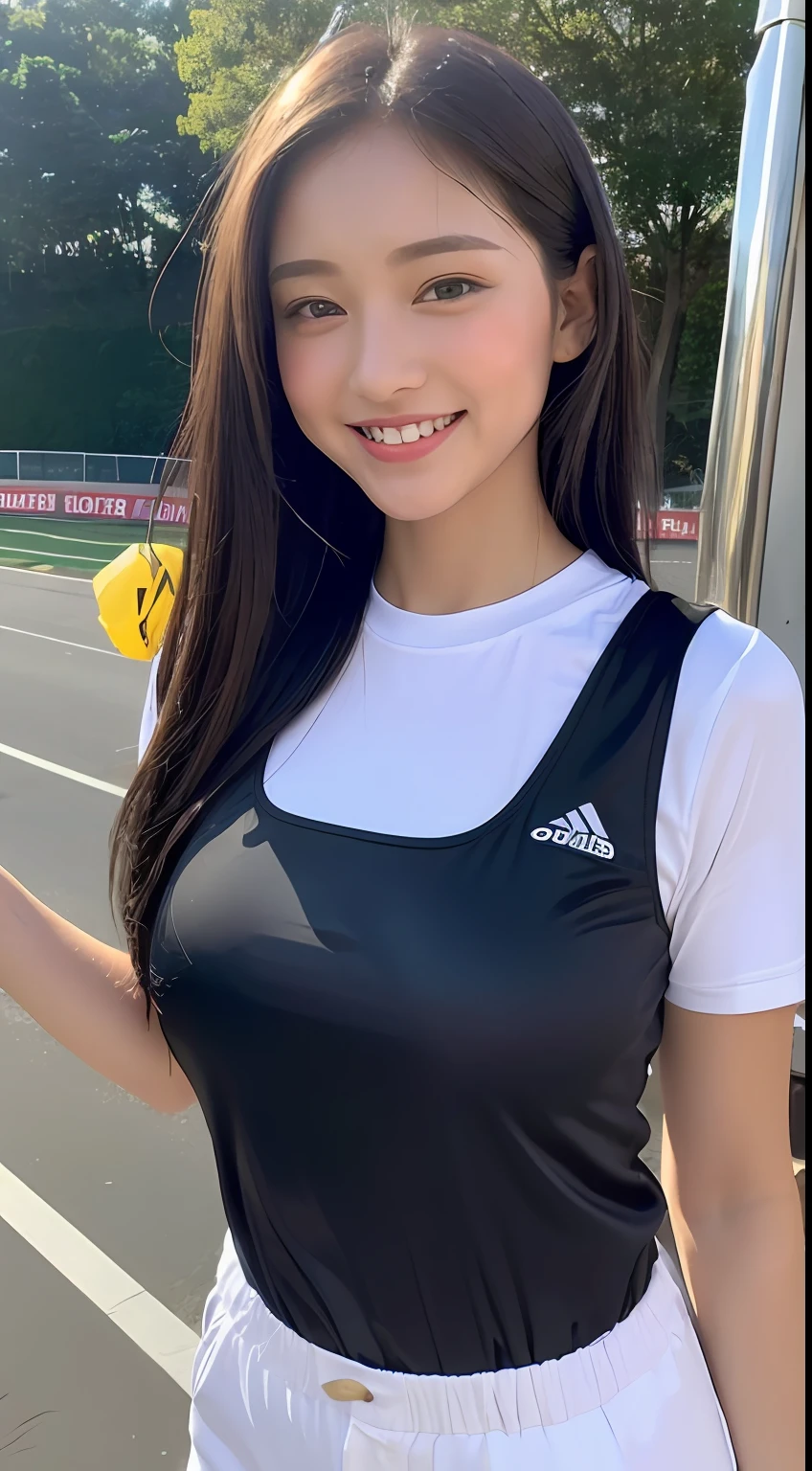 One woman and one short boy, a woman wearing a shiny truck costume is grabbed by the boy next to her with both hands (beautiful college girl in truck costume, best quality, high definition, 8k, 1 girl, outside the athletics stadium, 1 girl, shiny track costume (satin track outfit: 1.4, silver gray: 1.5) (black hair, big: 1.4), (upper body: 1.2), Watch the viewer and smile), outside, boy grabbing the breasts of a woman in truck costume with both hands (T-shirt, shorts, grabbing a woman's breasts with both hands)