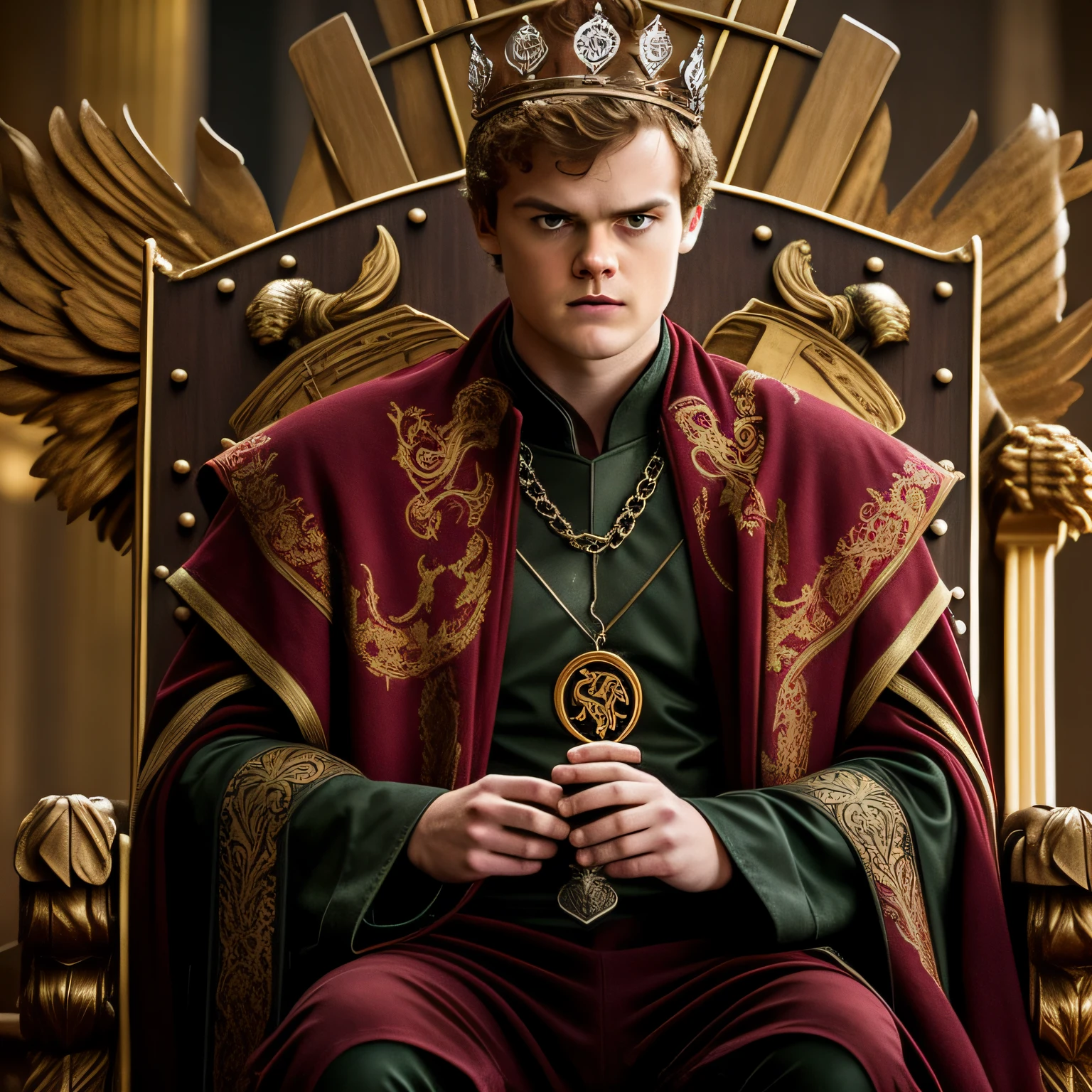 a spoiled young Jack Quaid is king of House Lannister and is sitting on the throne with a crown on his head and a necklace with the coat of arms of his house of Game of Thornes