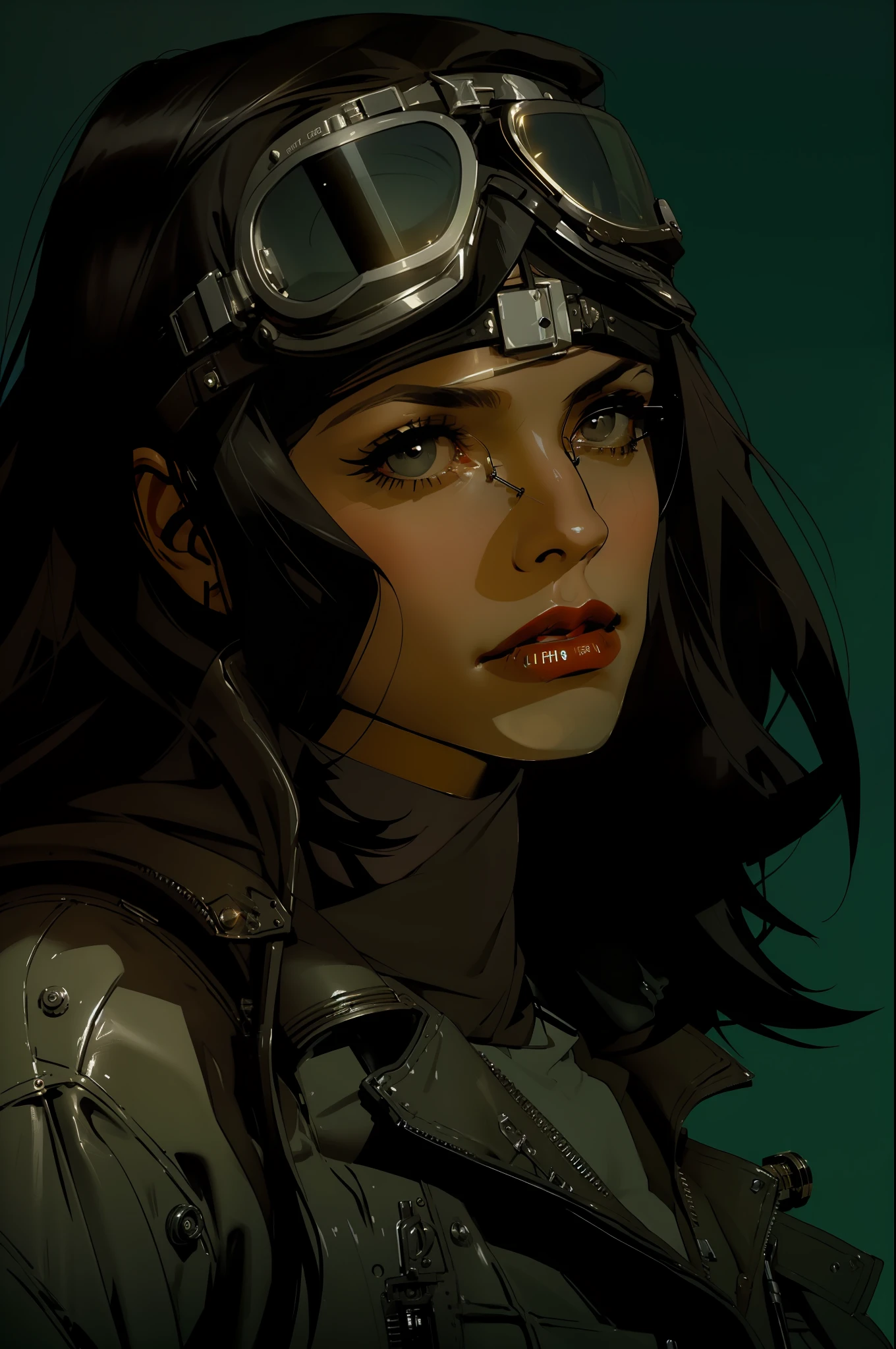 Well-lit scene of an arafed woman wearing a leather jacket and aviator glasses with a dark lip, olhar Dieselpunk, cena clara, atmosfera Dieselpunk, Dieselpunk, estilo Dieselpunk, dieselpunk setting, Dieselpunk soldado menina, 1920s dystopian retro vibe, menina piloto, estilo de arte Dieselpunk, inspirado em Peter Lindbergh, Mad Max Inspirado, inspirado em Rocketeer, fotografia de personagens, day lighting