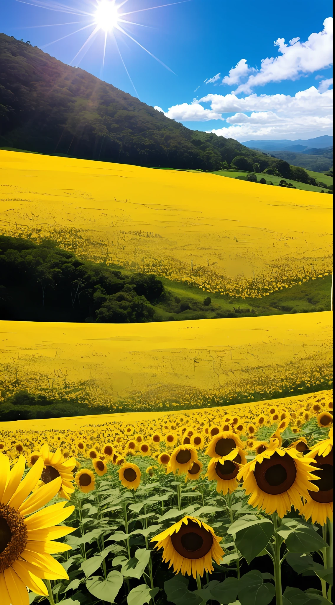 uma paisagem com sol, flores e borboletas: Um campo ensolarado, with a blue sky and a radiant sun shining overhead. ao redor, there are hills covered with colorful flowers, like yellow sunflowers and white daisies. Butterflies of various colors fly gracefully among the flowers, adding even more beauty to the scenery. Espero que consiga imaginar essa paisagem maravilhosa!