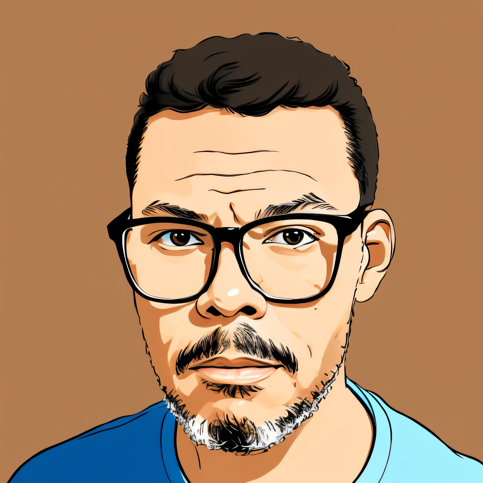 guttonerdjul23, 2d illustration of light brown skinned man wearing glasses, short hair, olhos castanhos, estilo dos desenhos animados, estilo adesivo com borda branca