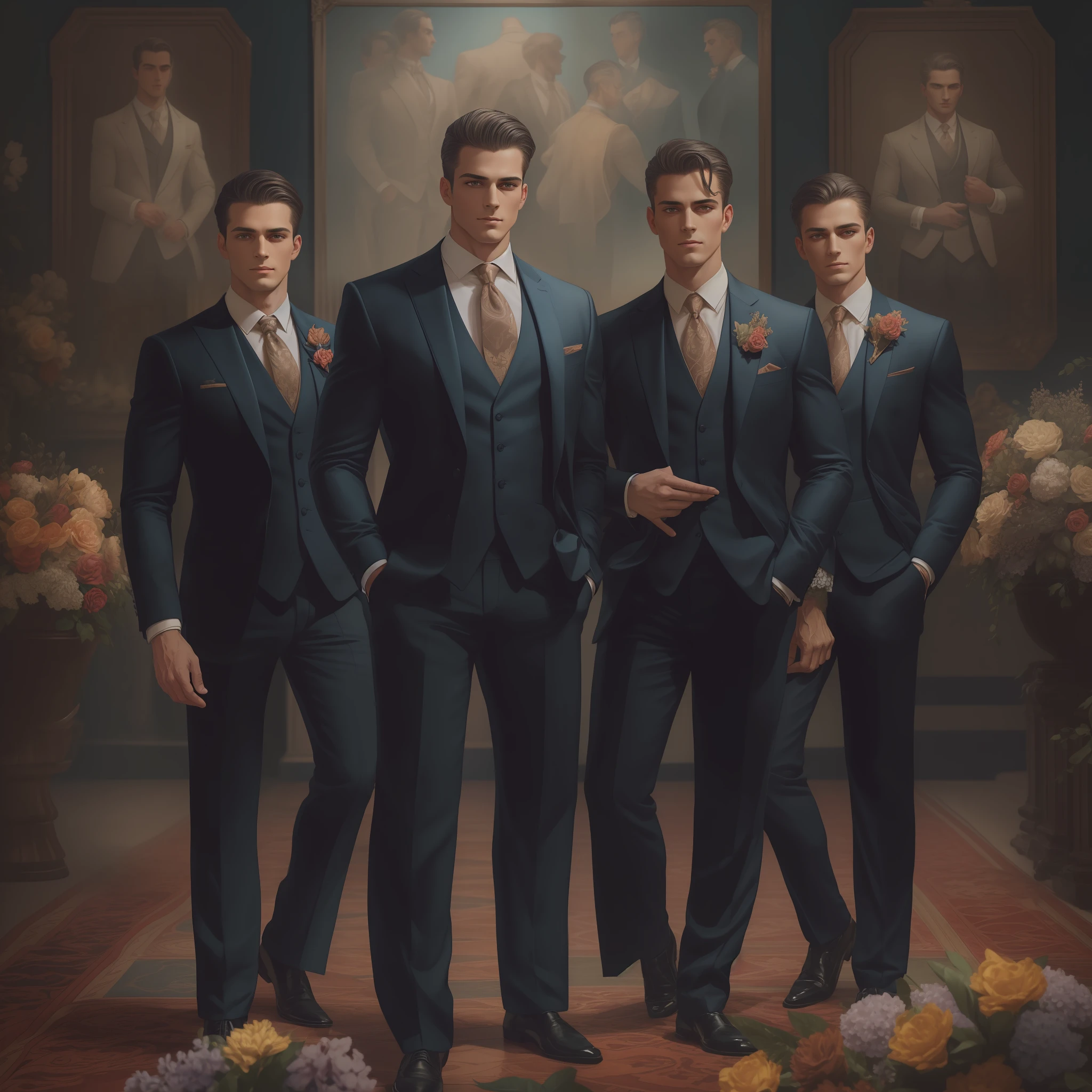 ortrait, masterpiece, best quality, (dark theme, limited palette: 1.5), (brothers, four men, mature), (highly detailed), (perfect face), ((eyelashes)), (realistic), full lips , they are depicted in their (((suits))). they have (((muscular chest))), ((muscular body)), dance hall, castle, colorful flowers on the floor