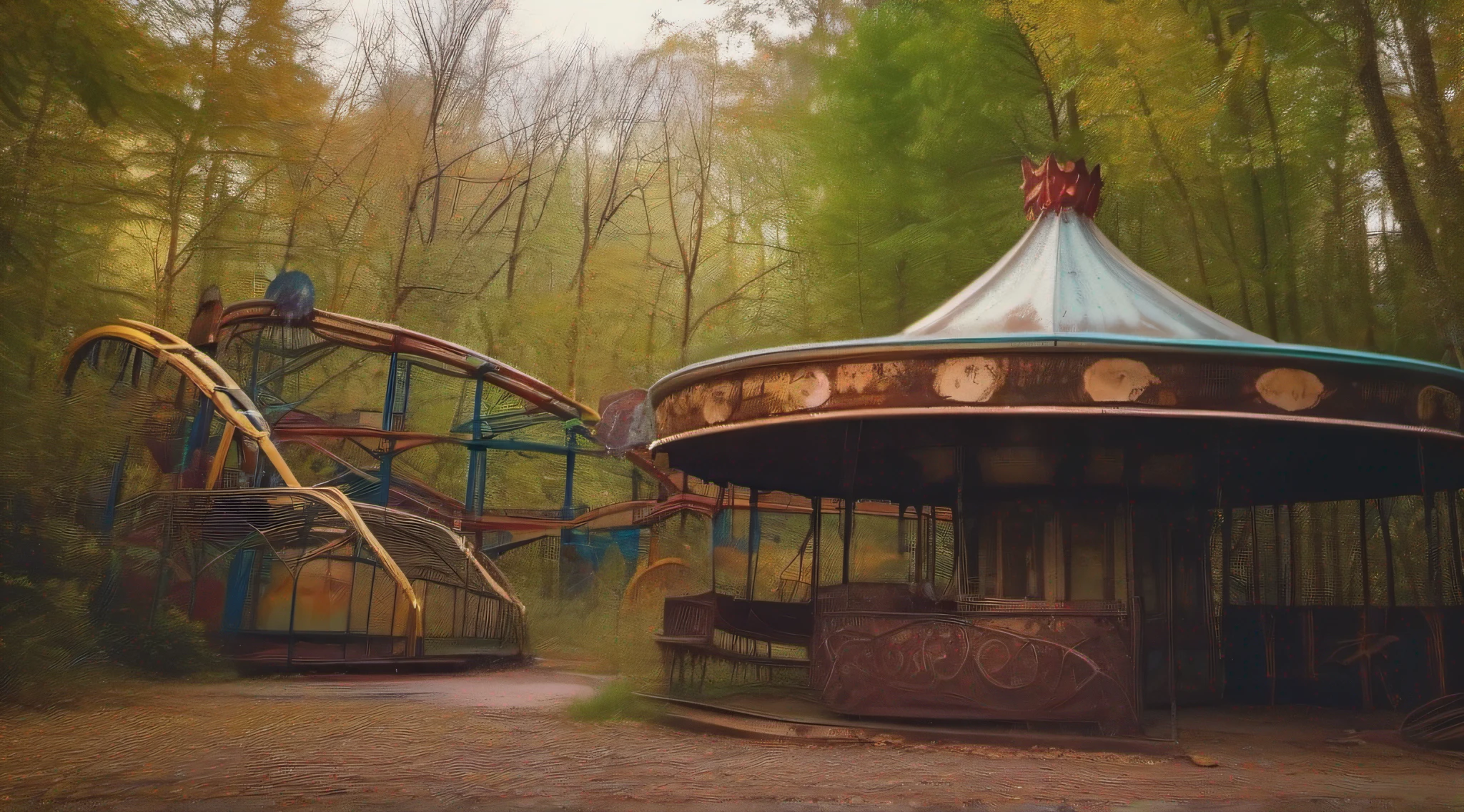 An abandoned amusement park reclaimed by nature, with rusted roller coasters and a carousel frozen in time.
blurry