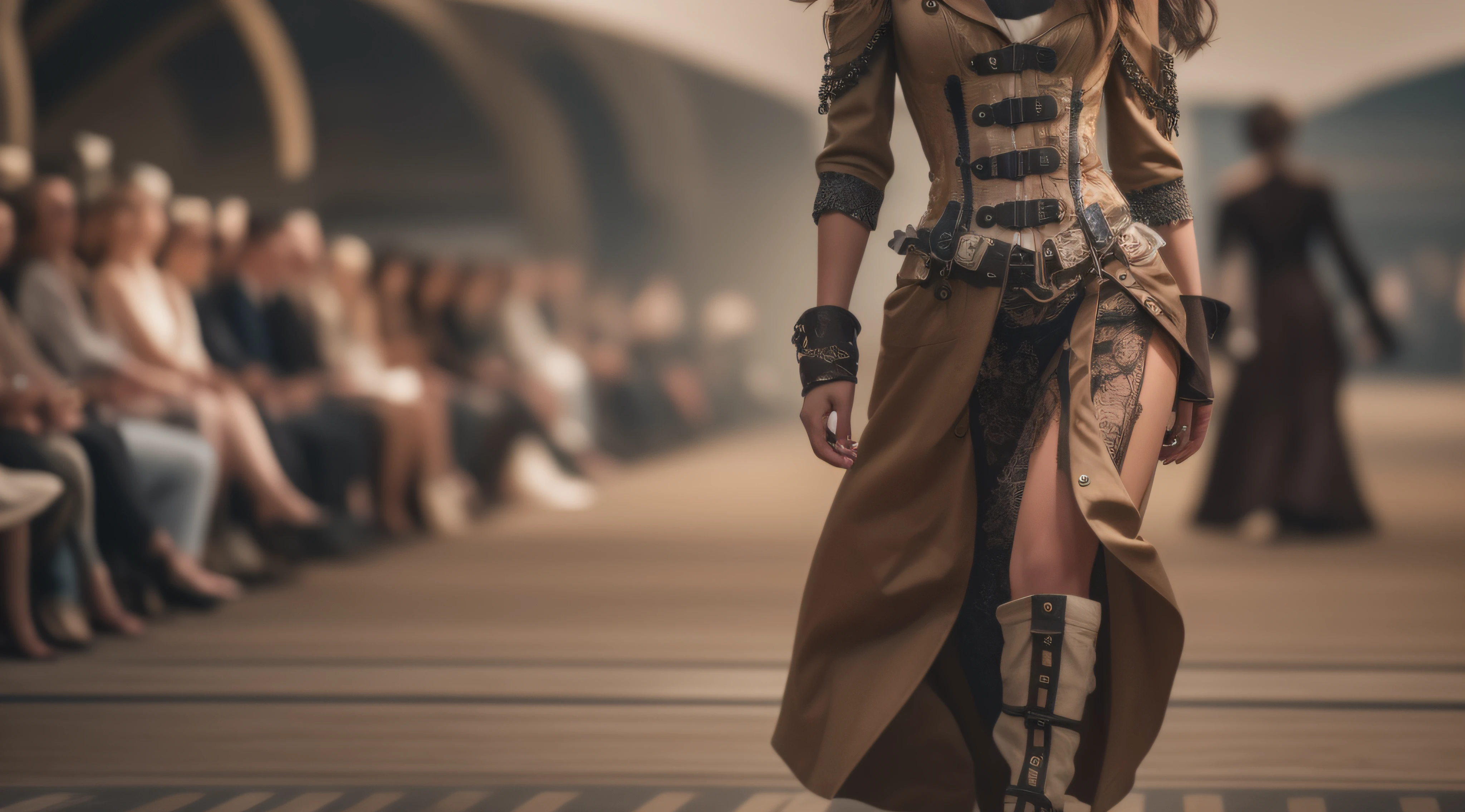 RAW photo, a fashion model, walk on runway, steampunk style, (photo-realistic:1.5), (RAW photo, 8k uhd, film grain), extremely delicate and beautiful, highres, sharp focus, extremely detailed, masterpiece, cinematic lighting, (high detailed skin:1.2), dslr, soft lighting, high quality, film grain, Fujifilm XT3
