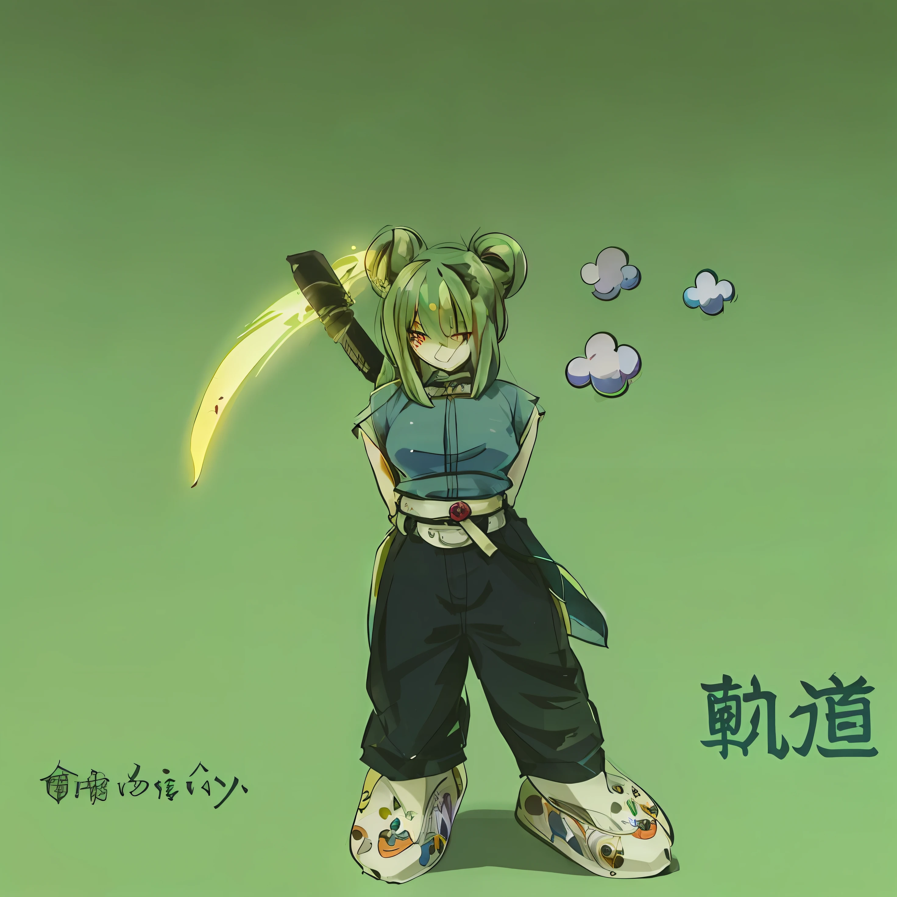 anime com cabelo verde segurando uma foice e uma foice verde, meninajin, in japanese anime style, Bulma de Dragon Ball, em estilo anime, personagem estilo anime, fanart menina urban Menina, e-menina, ilo anime,s estilo anime, Demon Slayer rui fanart, menina glitchpunk, Estilo Akiryama